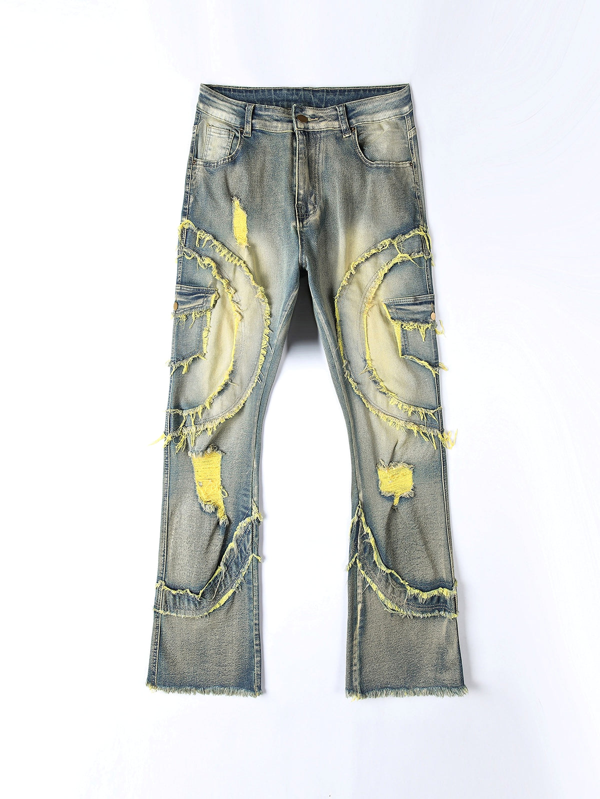 Men's Patchwork Fringe Slightly Flared Stretch Jeans - enhanced image 6