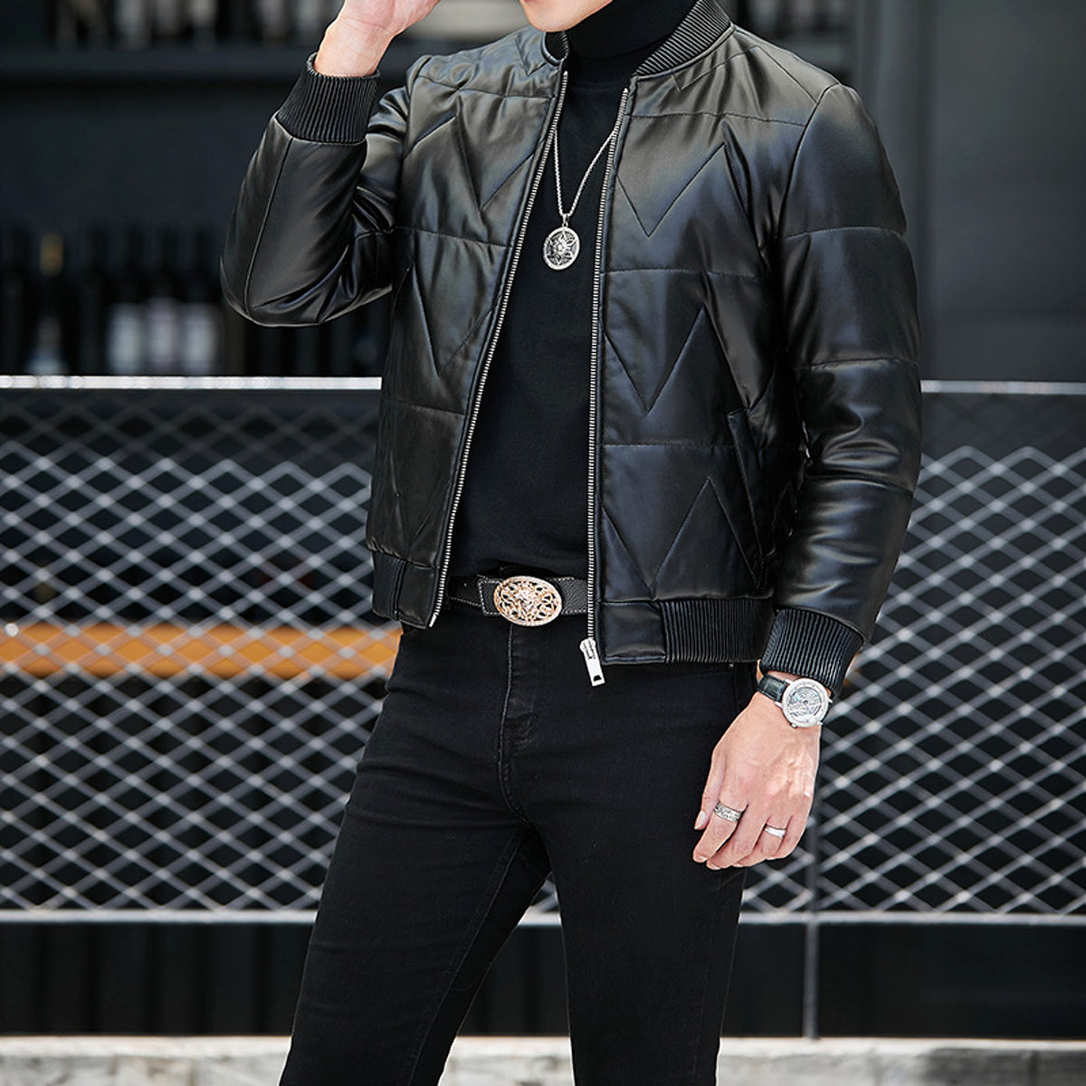 Men's Standing Collar Casual Zipper PU Leather Jacket - enhanced image 6
