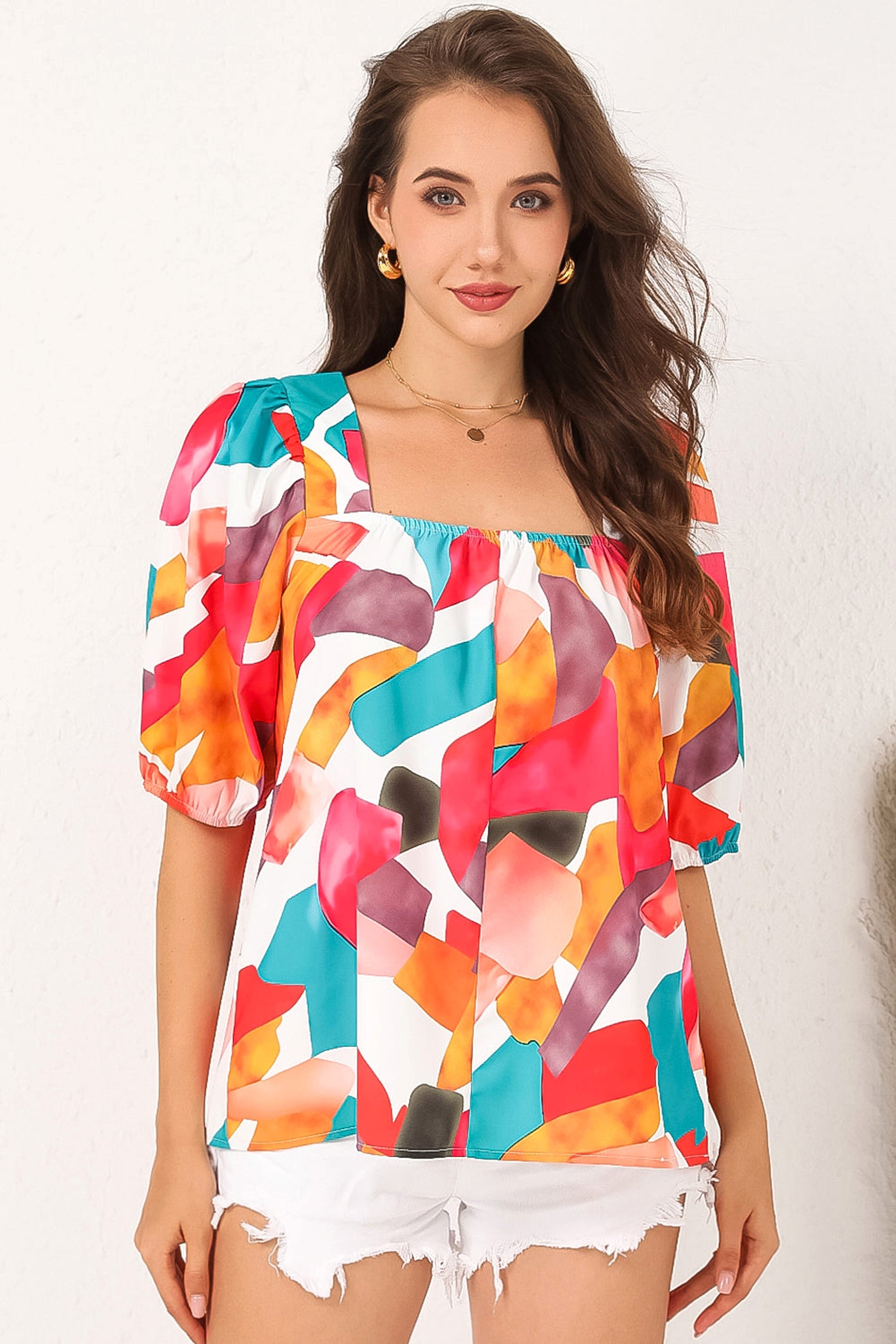 Multicolor Square Neck Abstract Print Short Sleeve Blouse - enhanced image 6