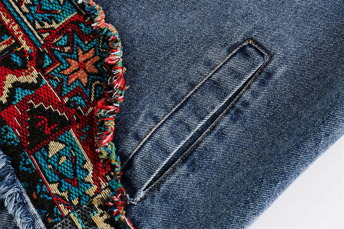 1. National Style Burrs Stitching Washed Denim Jacket - enhanced image 6