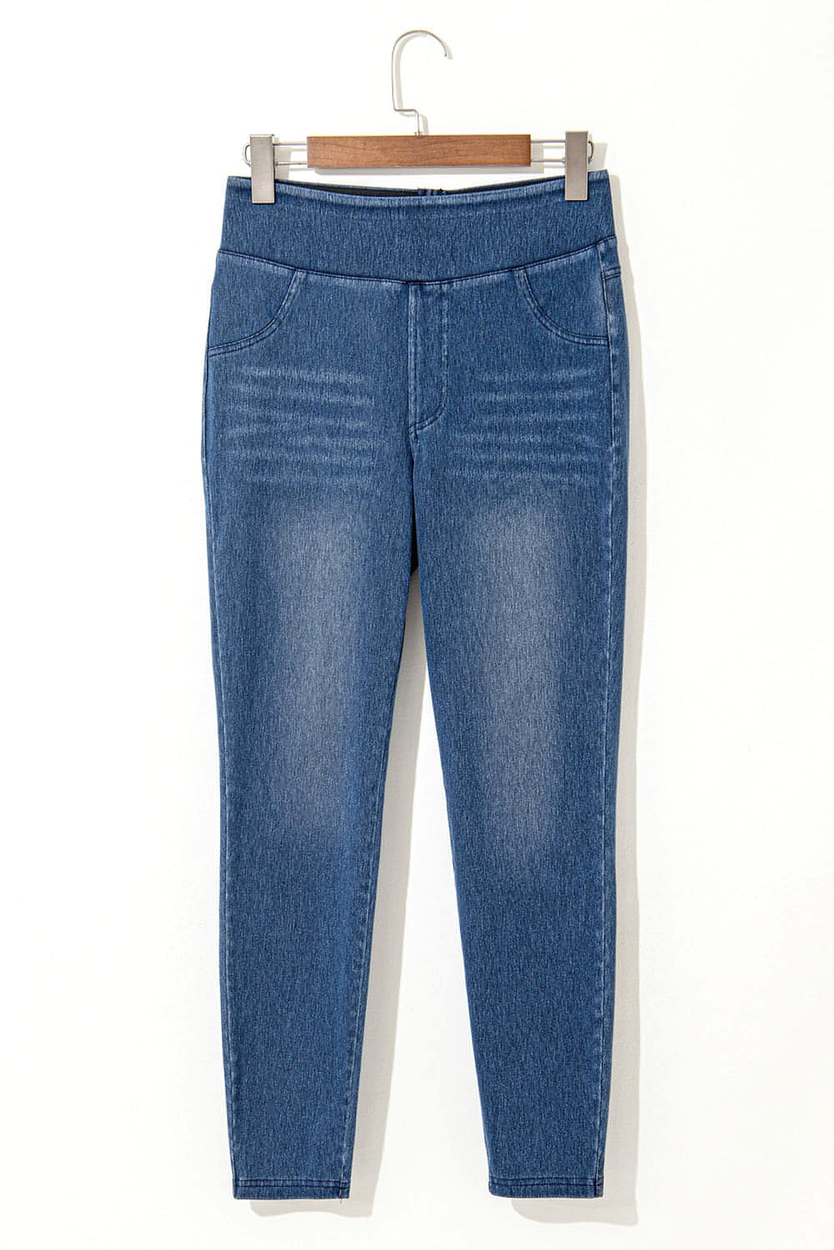 Navy Blue Skinny Elastic Waist Ankle Length Mid Waist Jeggings with Pockets - enhanced image 6