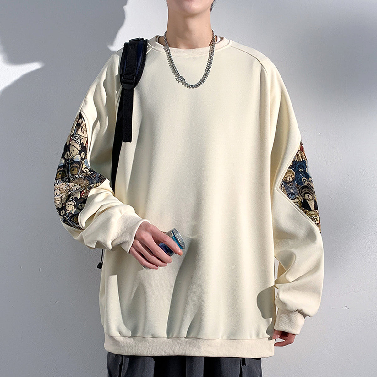 New Chinese style teddy bear embroidered patchwork hoodie - enhanced image 6