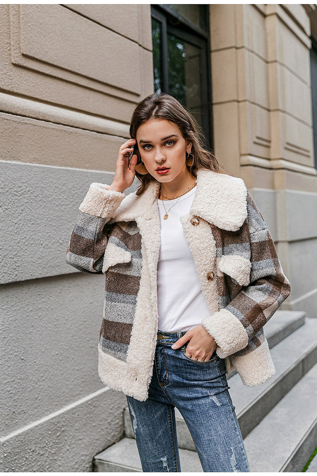 New coat plaid lamb wool thick plaid coat - enhanced image 6