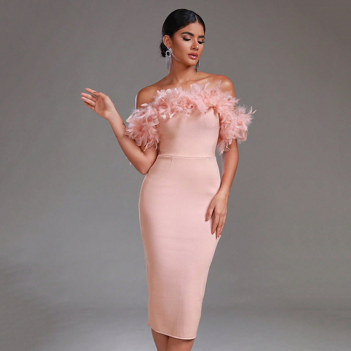 Off-neck Feather Women's Dress - enhanced image 6