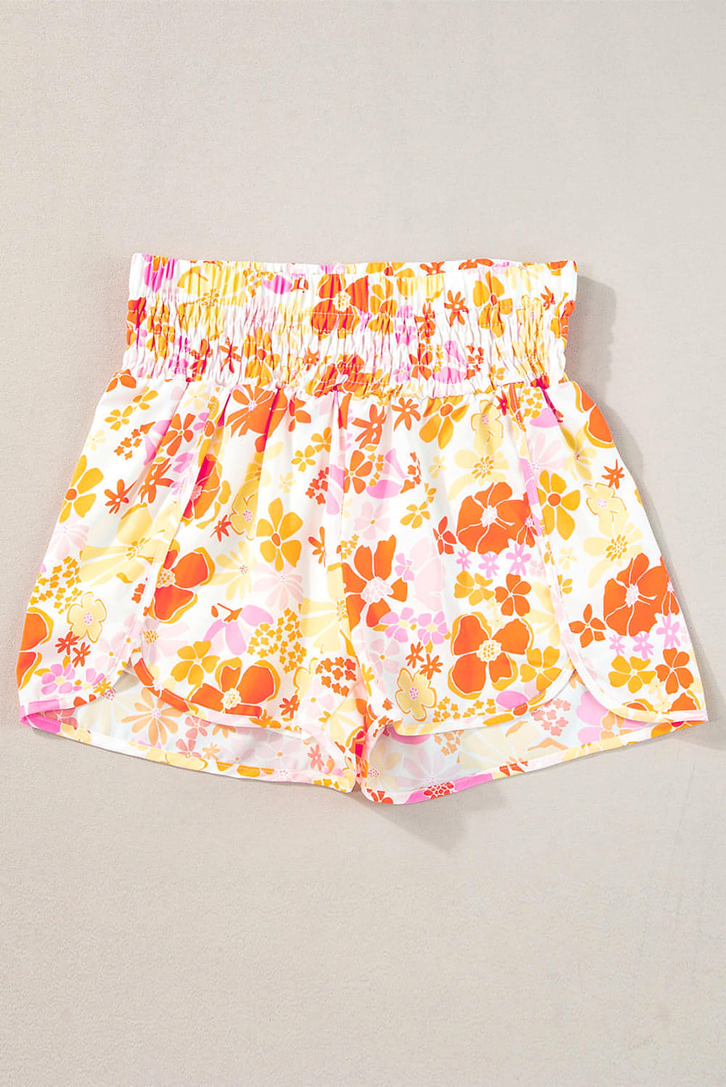 Orange Boho Floral Shirred High Waist Casual Shorts - enhanced image 6