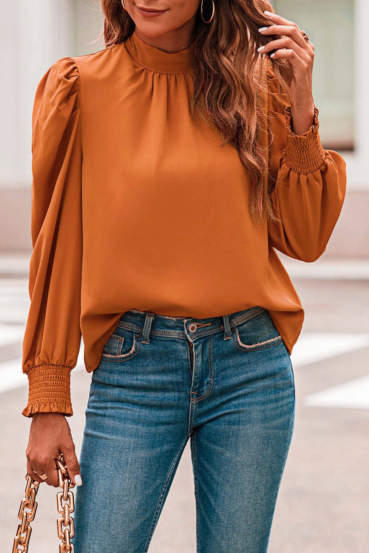 Orange Long Bubble Sleeve Mock Neck Chiffon Blouse - enhanced image 6