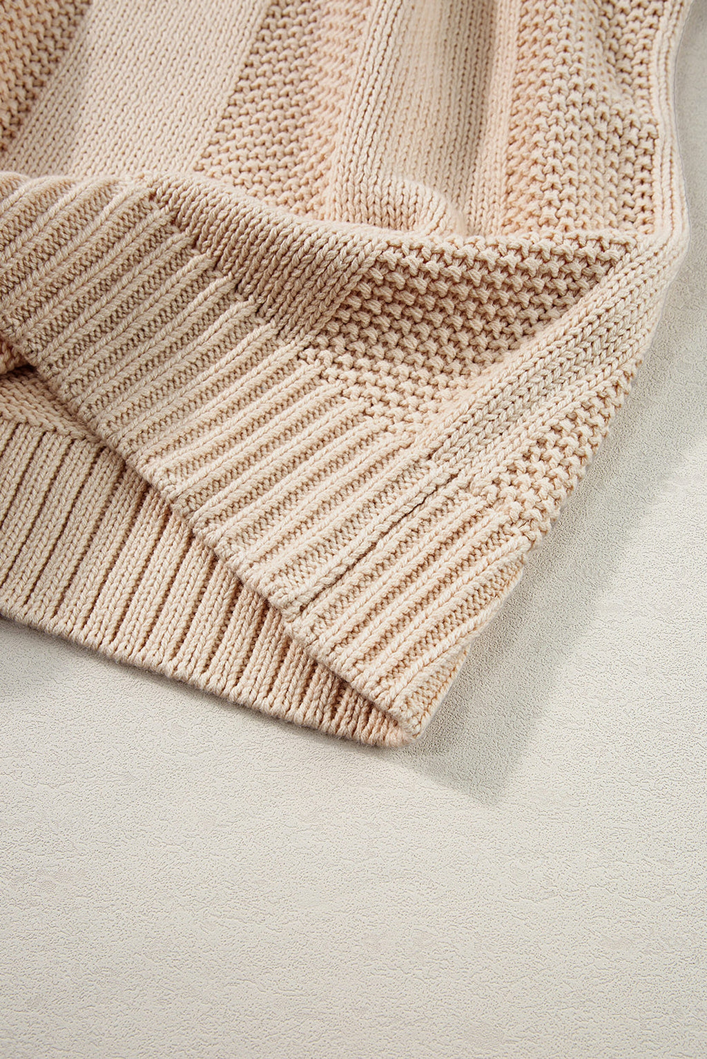 Pale Khaki Solid Color Cable Knit Ribbed Loose Sweater - enhanced image 6