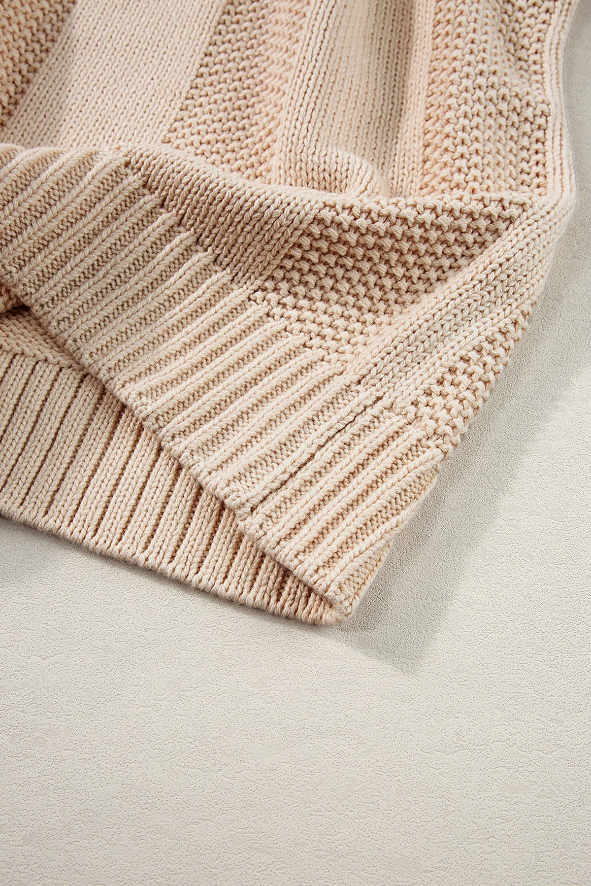 Pale Khaki Solid Color Cable Knit Ribbed Loose Sweater - enhanced image 6