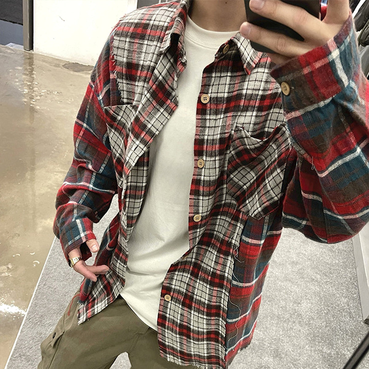 Patchwork Red Plaid DressShirt For Men - enhanced image 6