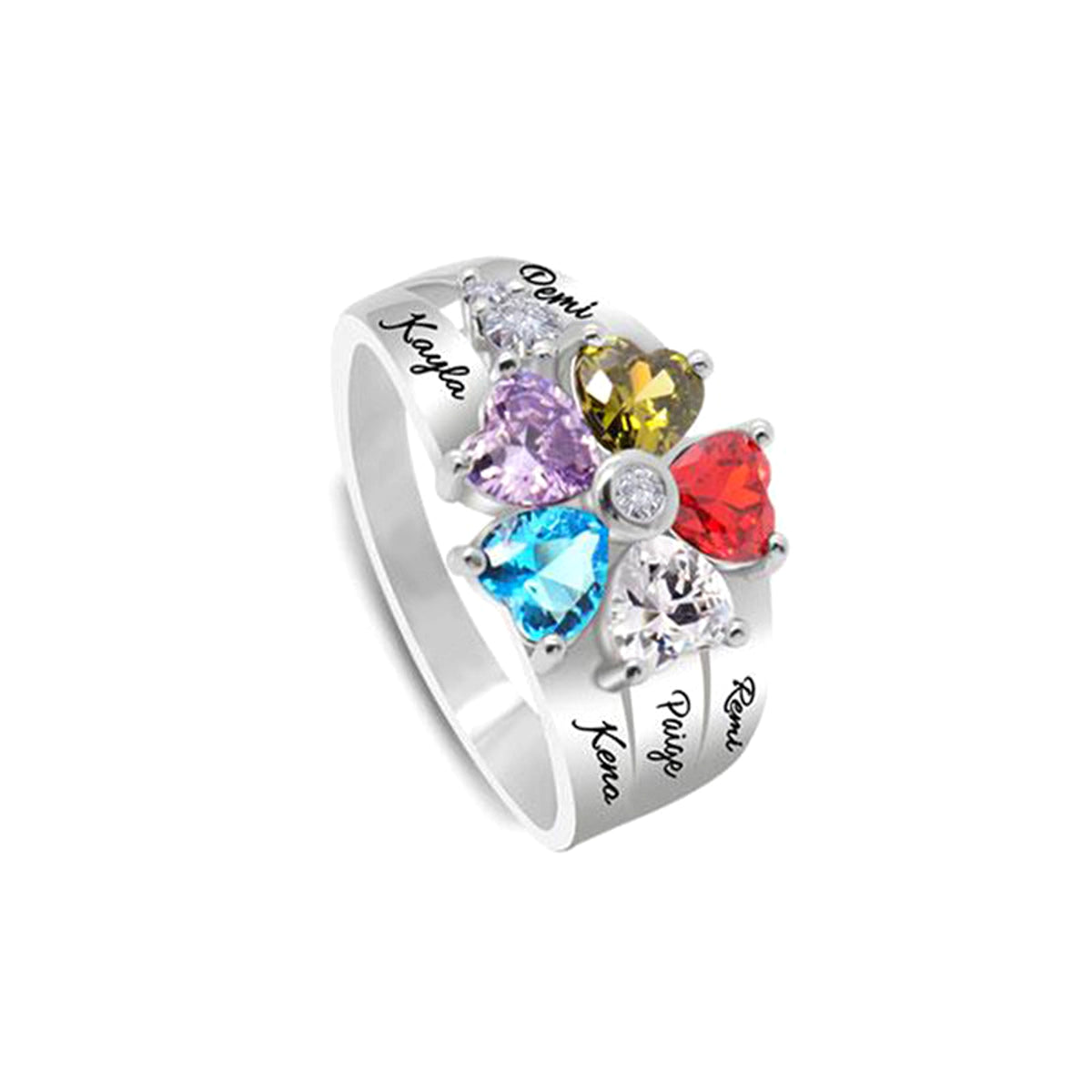 Personalized And Engraved Heart Assortment Birthstones Silver Ring - enhanced image 6