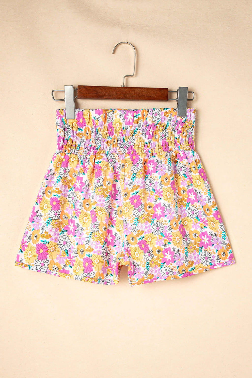 Pink Boho Floral Shirred High Waist Casual Shorts - enhanced image 6