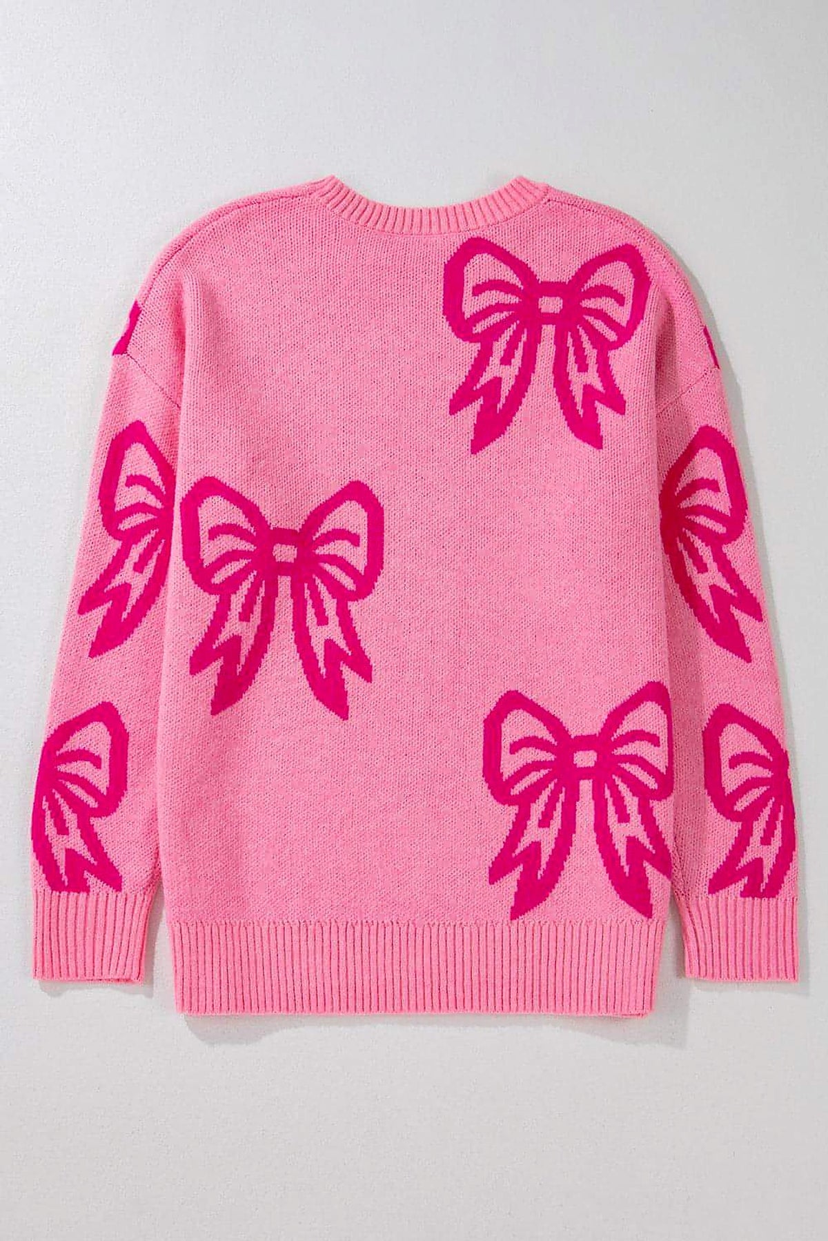 Pink Bow Pattern Drop Shoulder Loose Sweater - enhanced image 6
