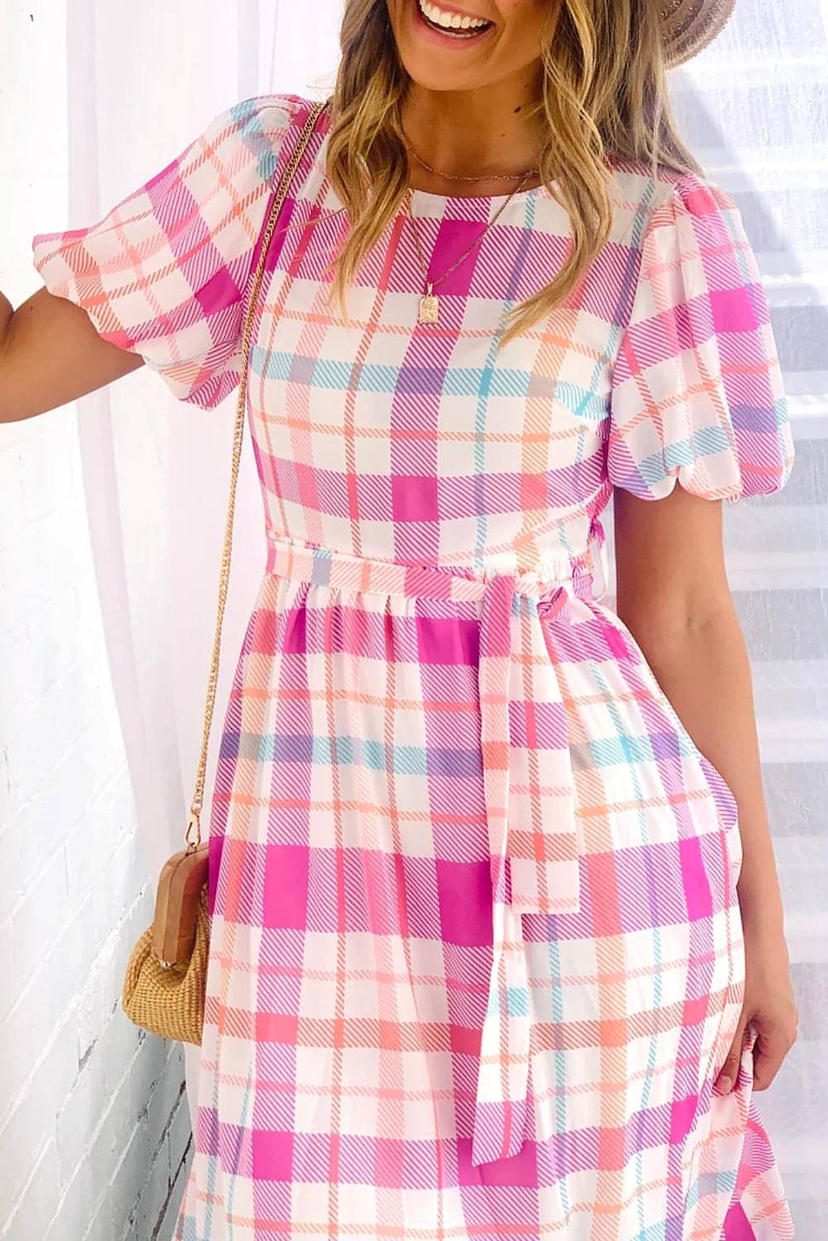 Pink Checkered Puff Sleeve Belted Midi Dress - enhanced image 6
