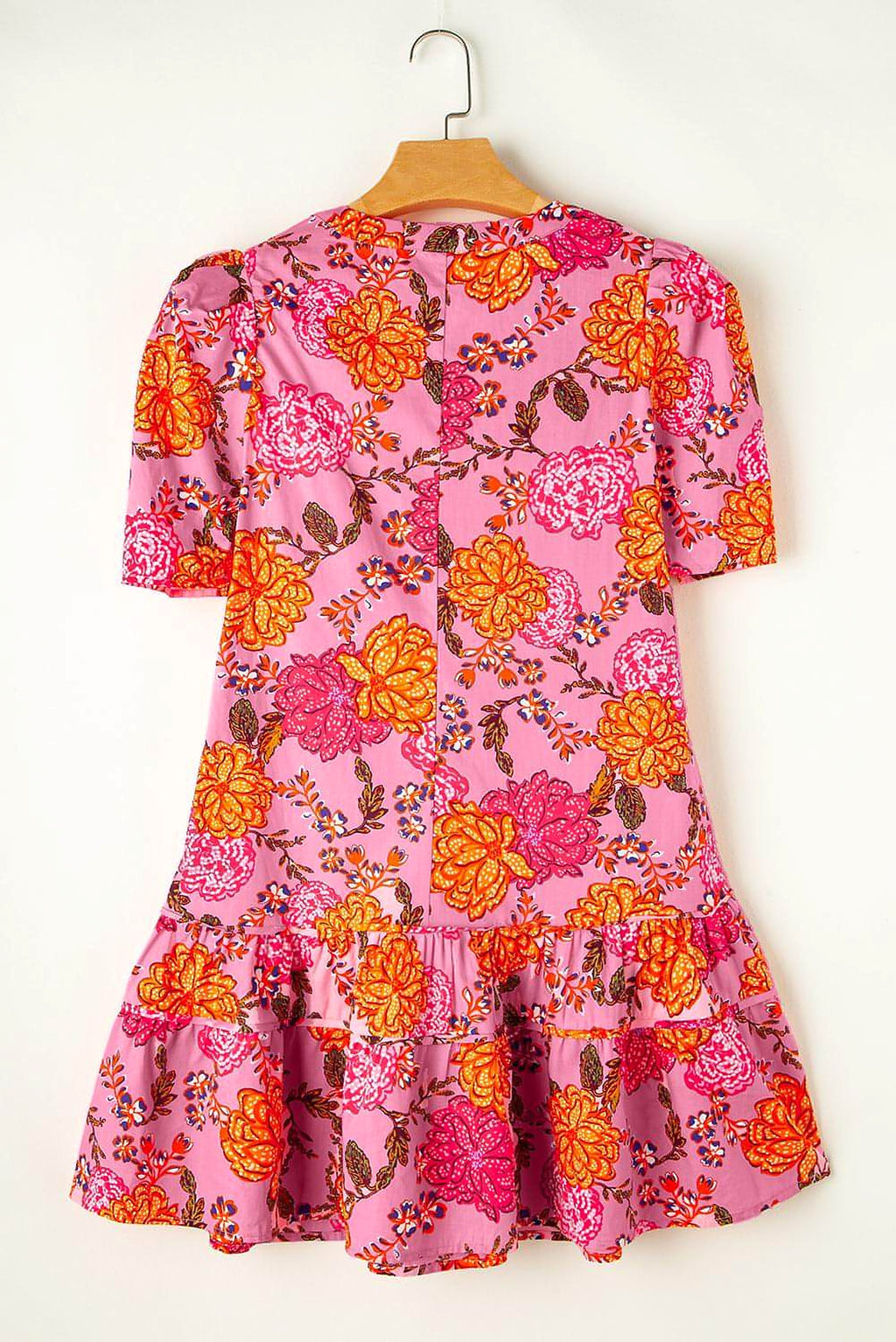 Pink Floral Bubble Sleeve V Neck Ruffled Mini Dress - enhanced image 6