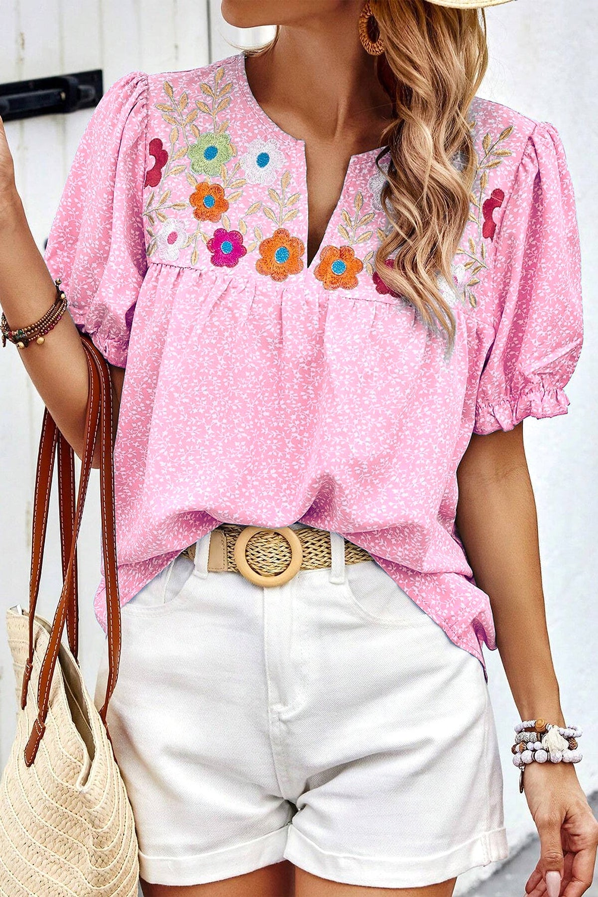 Pink Floral Embroidered Puff Sleeve Notched V Neck Blouse - enhanced image 6