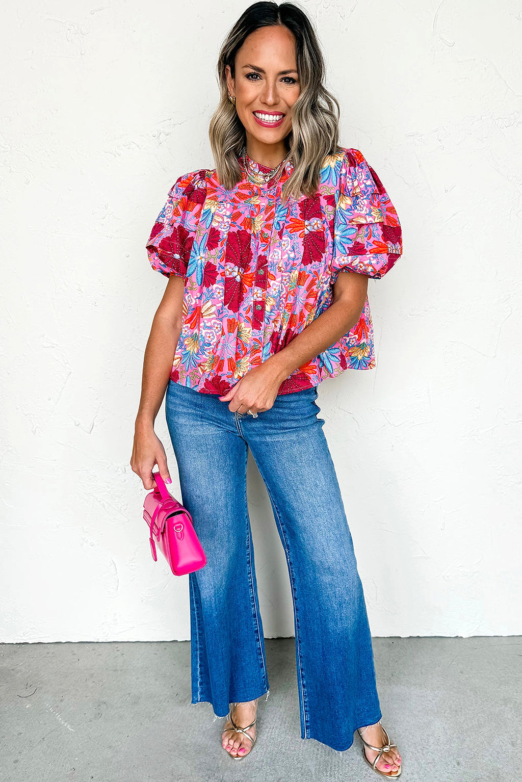 Pink Floral Print Bubble Sleeve Button Up Pleated Shirt - enhanced image 6