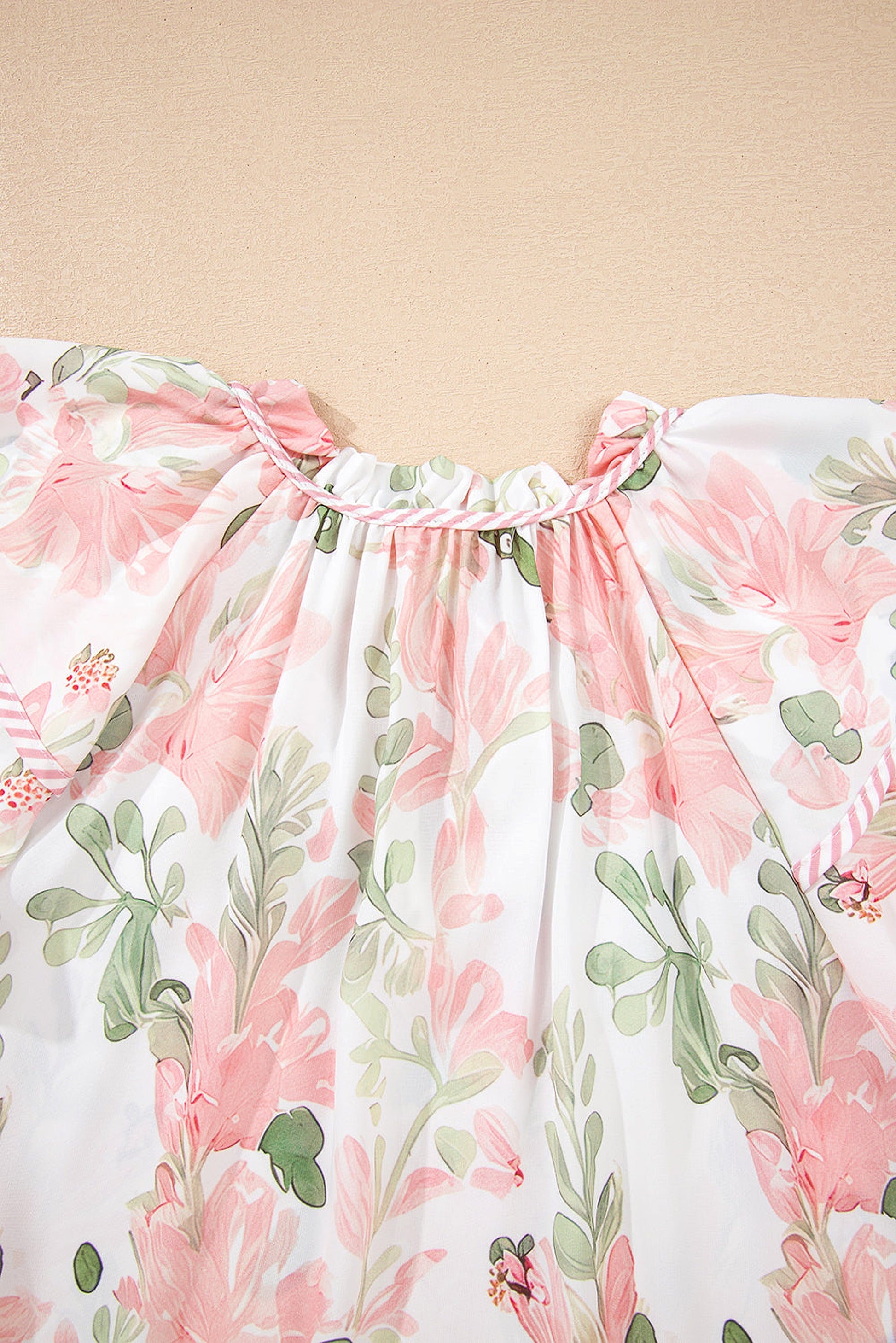 Pink Floral Print Striped Contrast Tiered Ruffled Sleeve V Neck Blouse - enhanced image 6