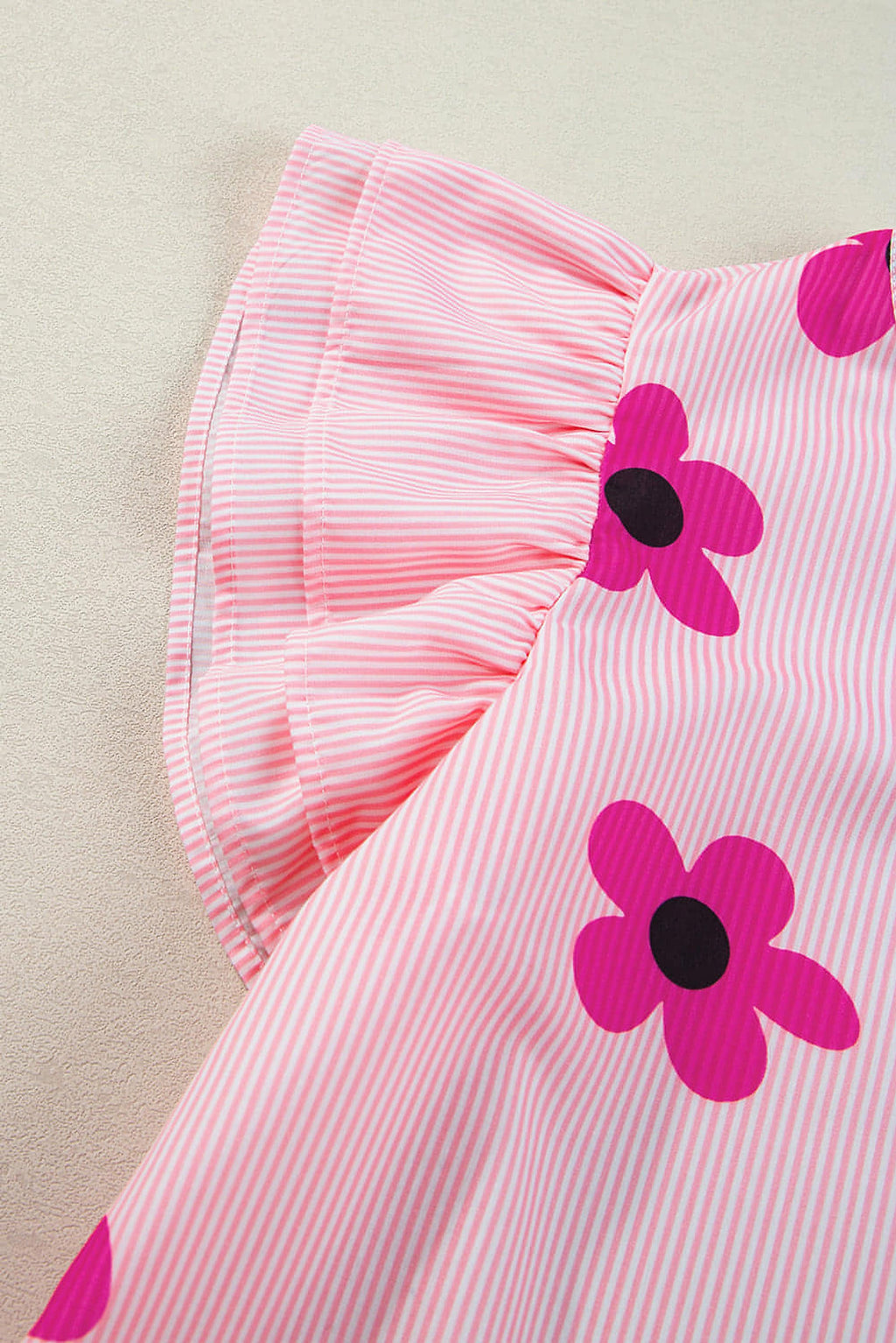 Pink Pinstripe Floral Print Ruffled Flutter Sleeve Blouse - enhanced image 6