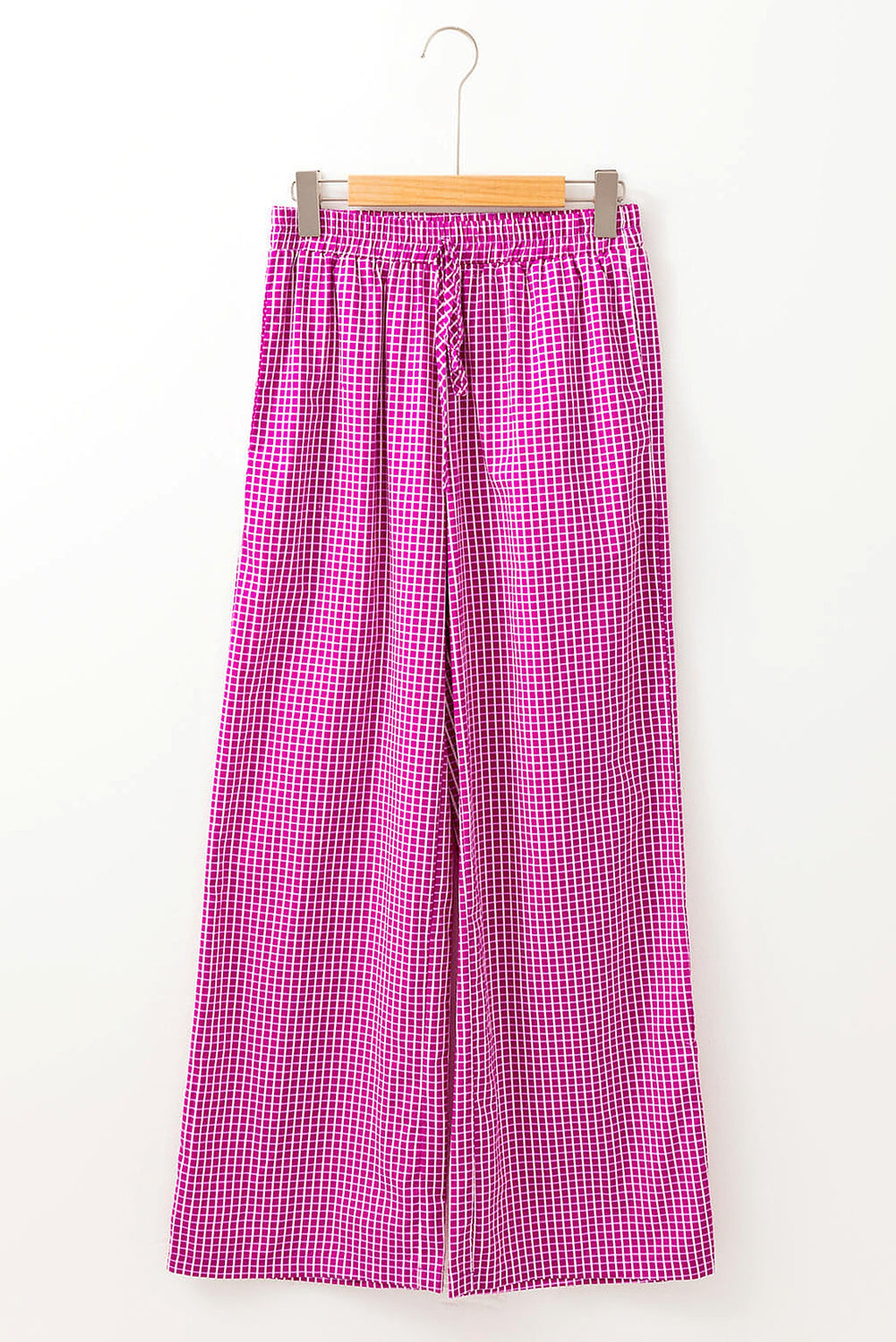 Pink Plaid Print Drawstring High Waist Wide Leg Casual Pants - enhanced image 6