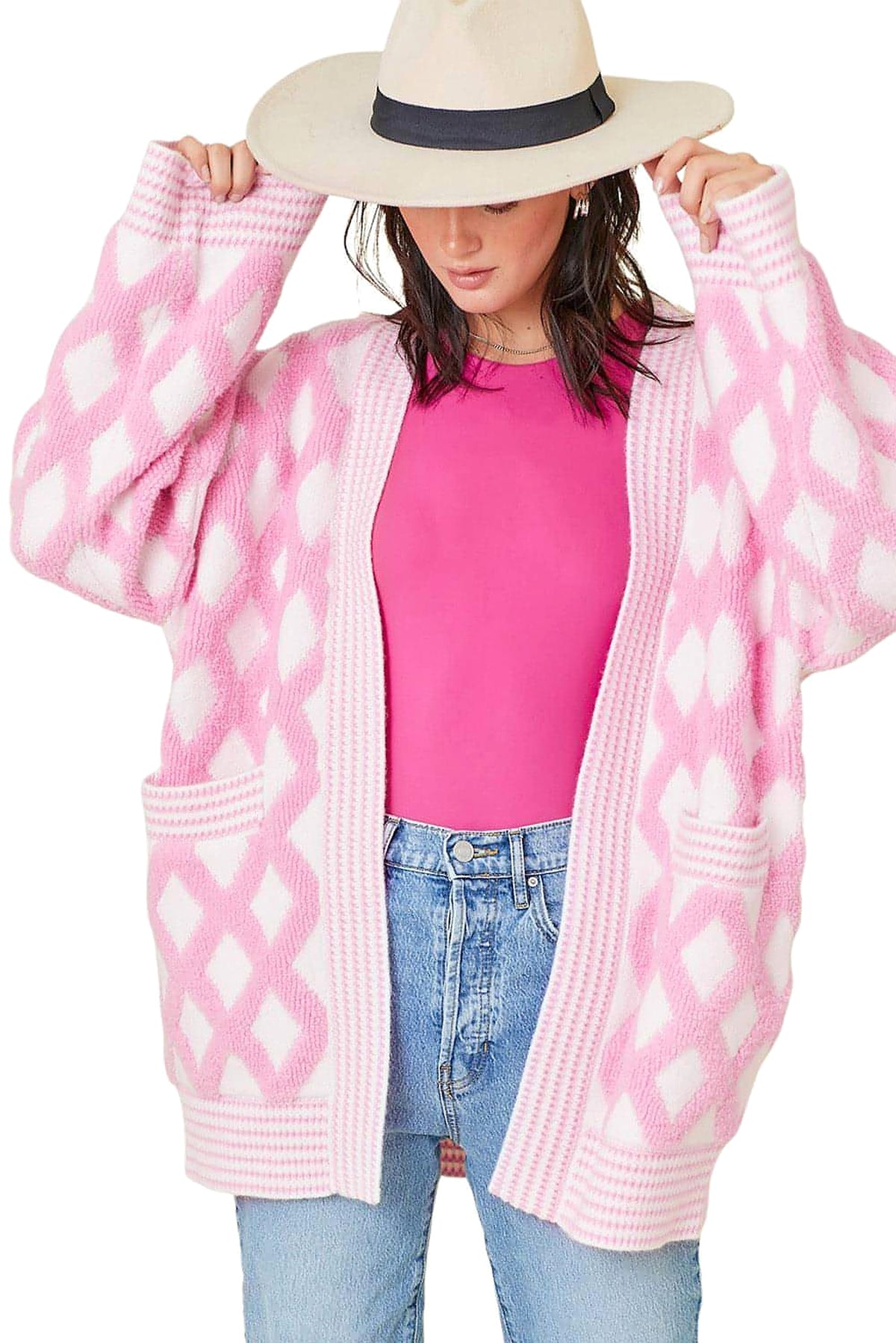 Pink Rhombus Pattern Knit Open Front Pocketed Cardigans - enhanced image 6