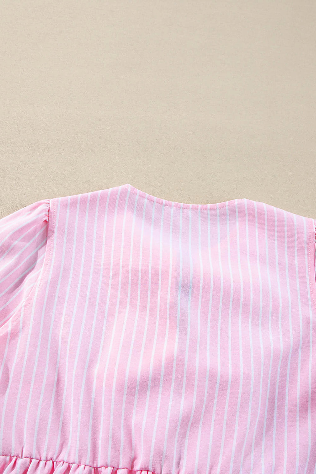 Pink Stripe Bowknot Front Crew Neck Puff Sleeve Blouse - enhanced image 6