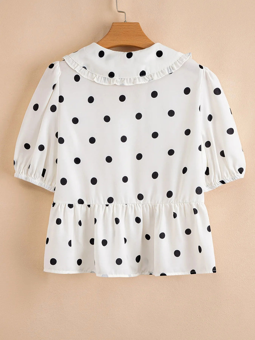 Polka Dot Collared Puff Sleeve Peplum Top - enhanced image 6