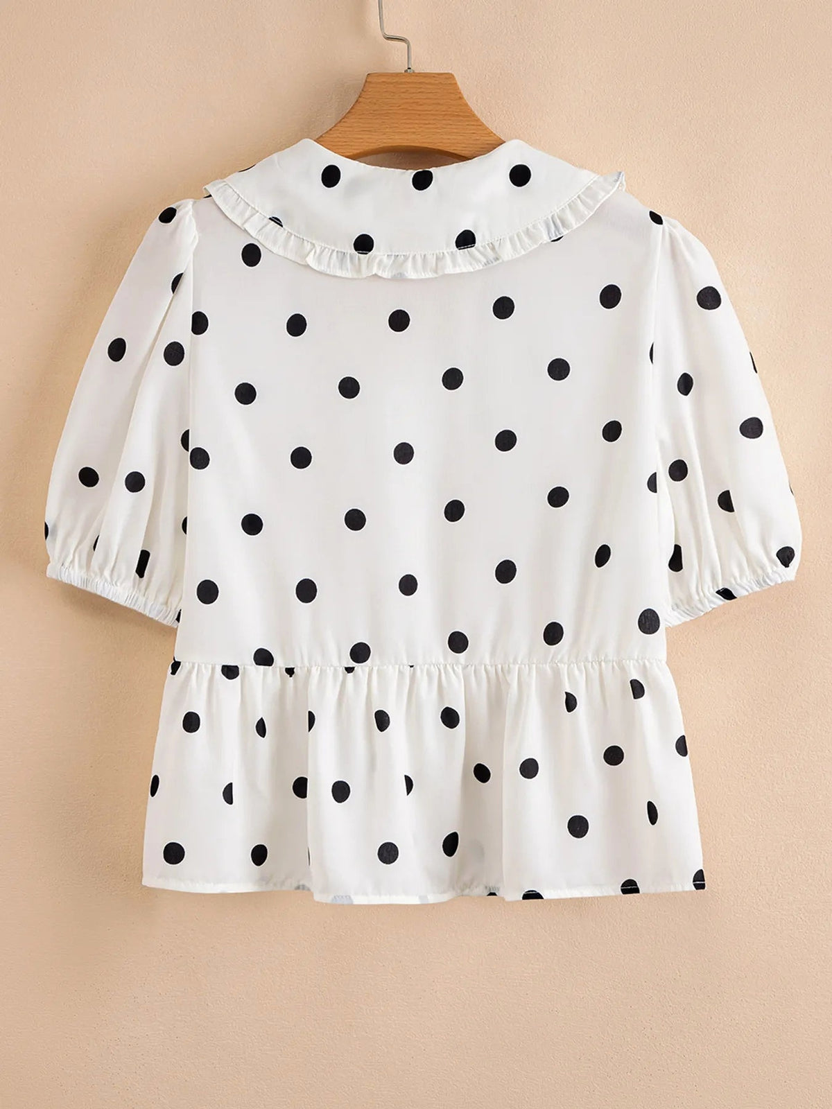 Polka Dot Collared Puff Sleeve Peplum Top - enhanced image 6