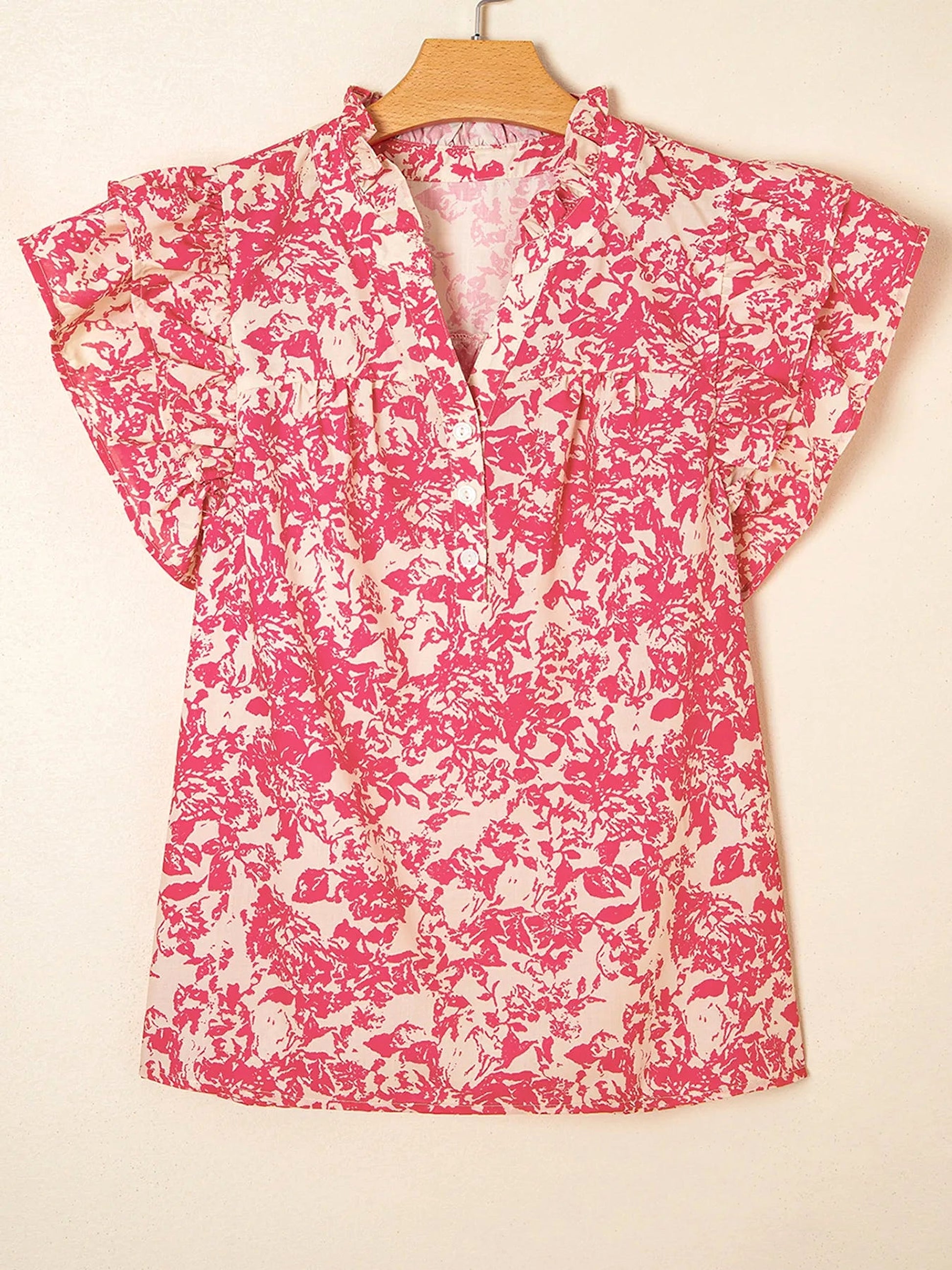 Printed Half Button Neck Ruffle Sleeve Blouse - enhanced image 6