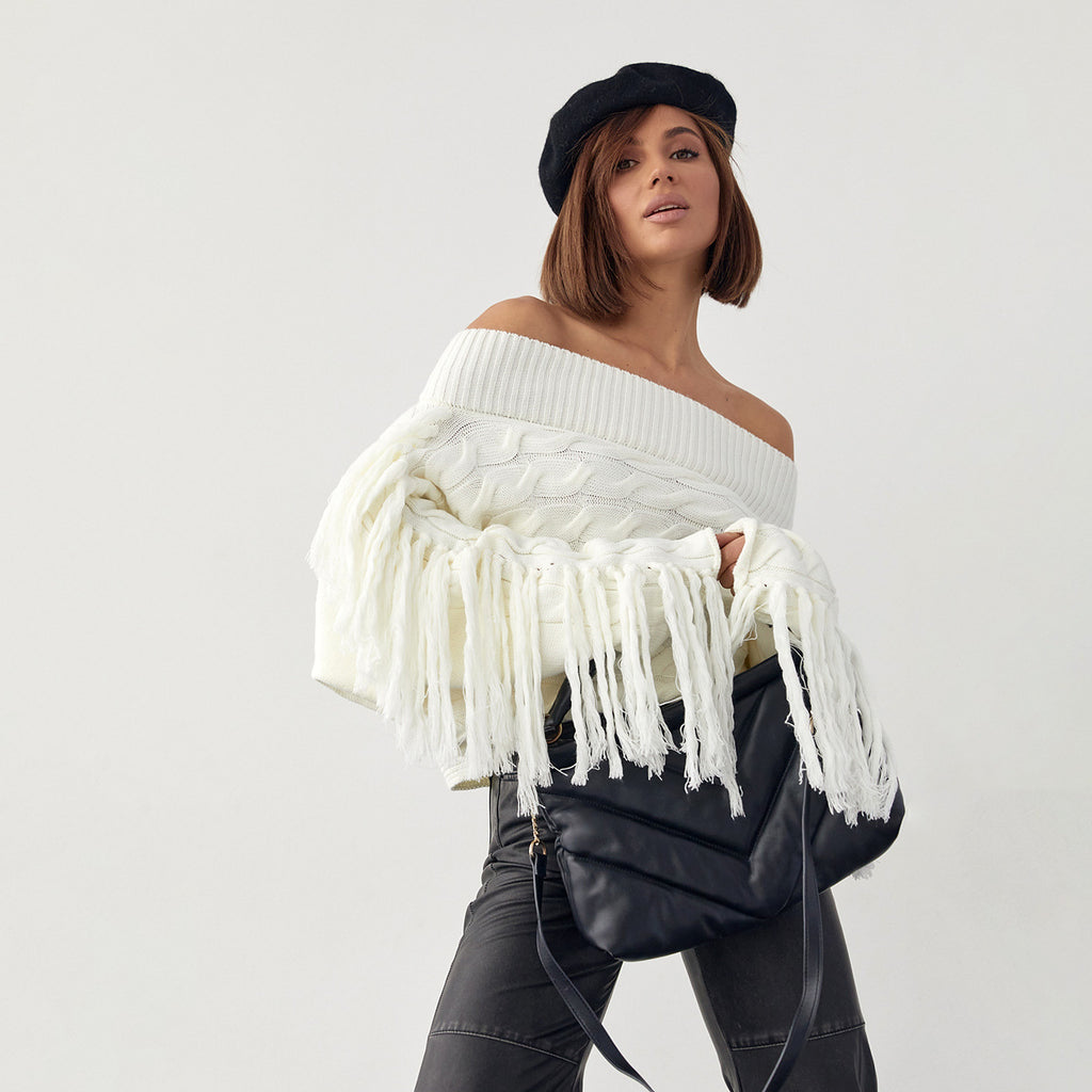 A Pure Color Elegant Style Woolen Tassel Design Sweater  Women - enhanced image 6