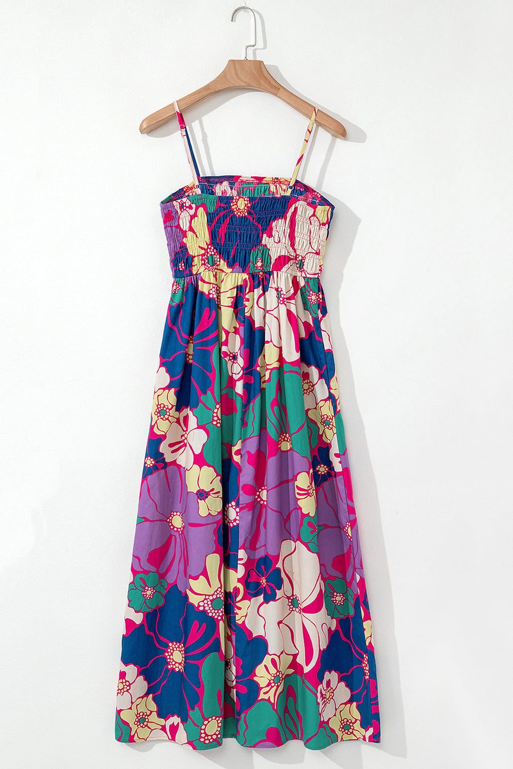 Purple Floral Print Shirred Spaghetti Strap Loose Maxi Dress - enhanced image 6