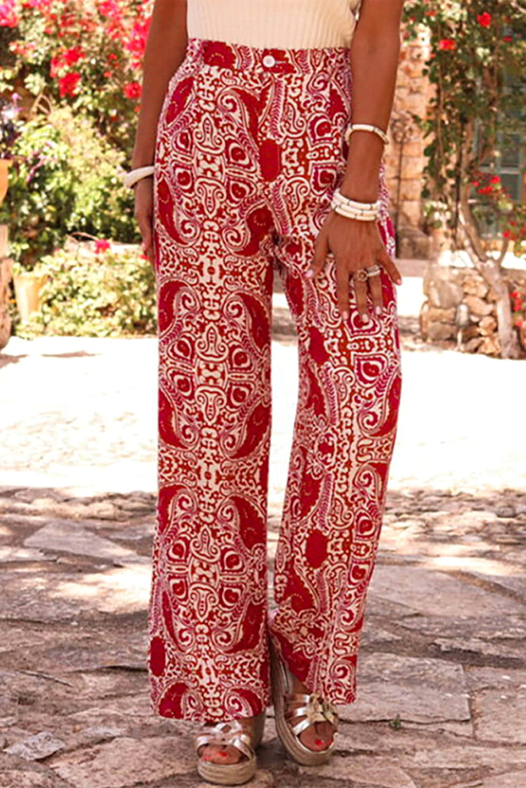 Red Paisley Printed Buttoned High Waist Straight Leg Pants - enhanced image 6