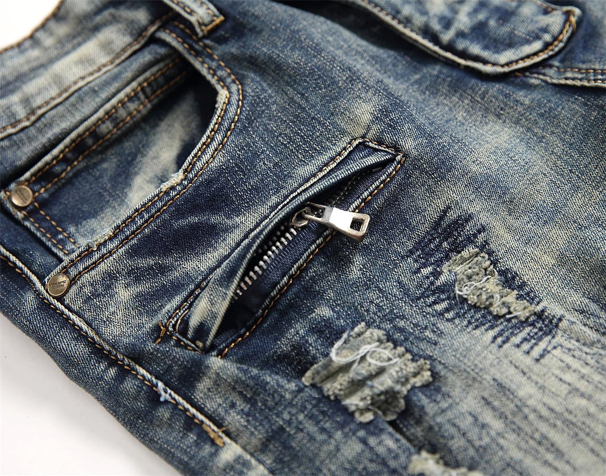 Retro Crumpled Hole Patch Elastic Straight Skinny Jeans - enhanced image 6