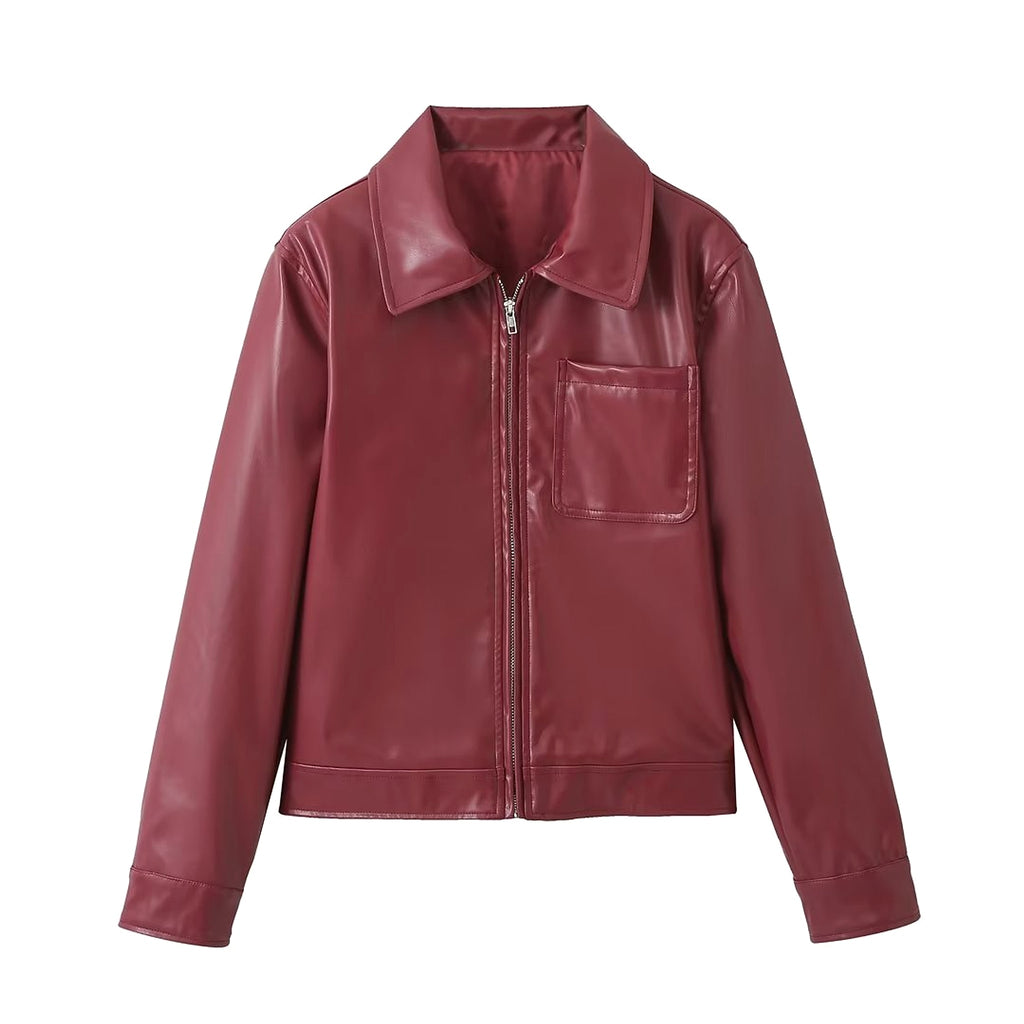 Retro Fashion Polo Collar Advanced PU Leather Jacket Coat - enhanced image 6