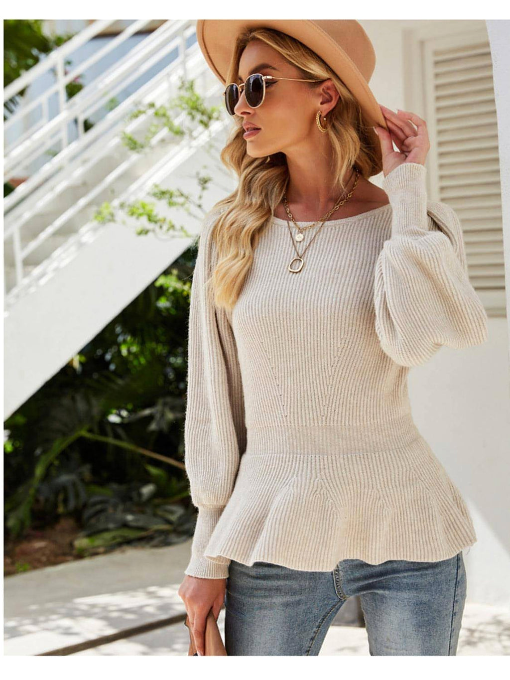 Ribbed Round Neck Lantern Sleeve Sweater - enhanced image 6