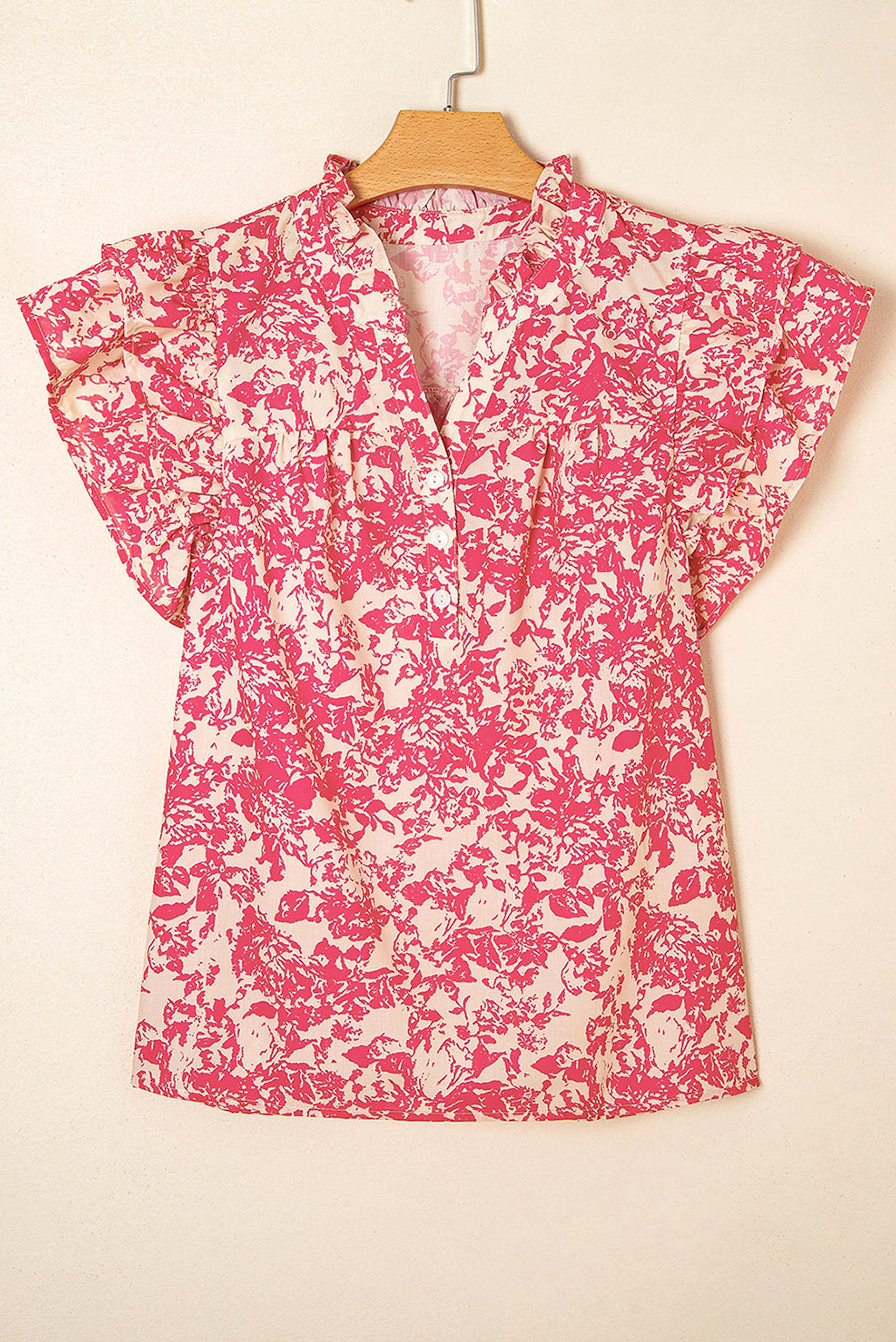 Rose Allover Printed Half Button Neck Ruffle Sleeve Blouse - enhanced image 6