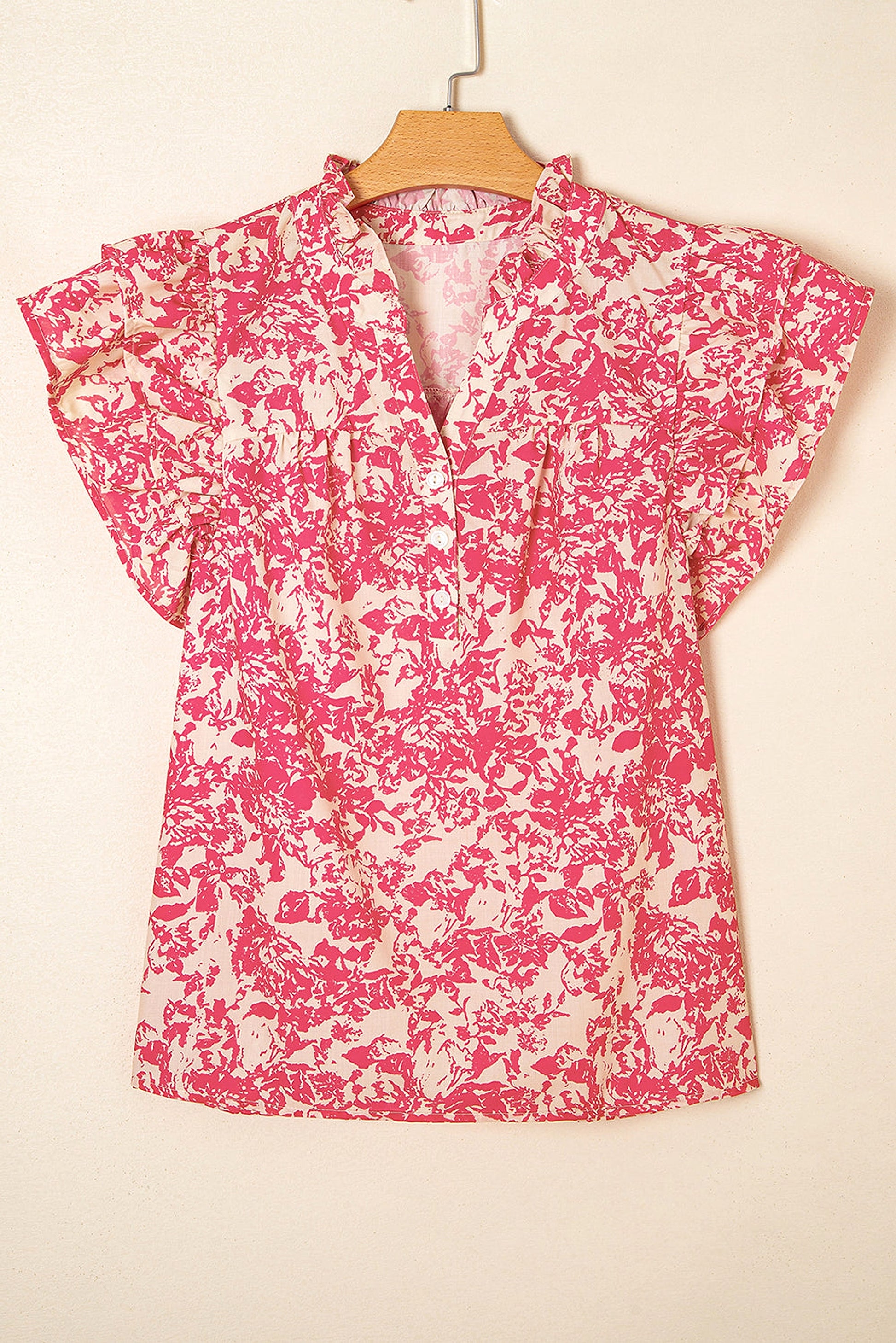 Rose Allover Printed Half Button Neck Ruffle Sleeve Blouse - enhanced image 6