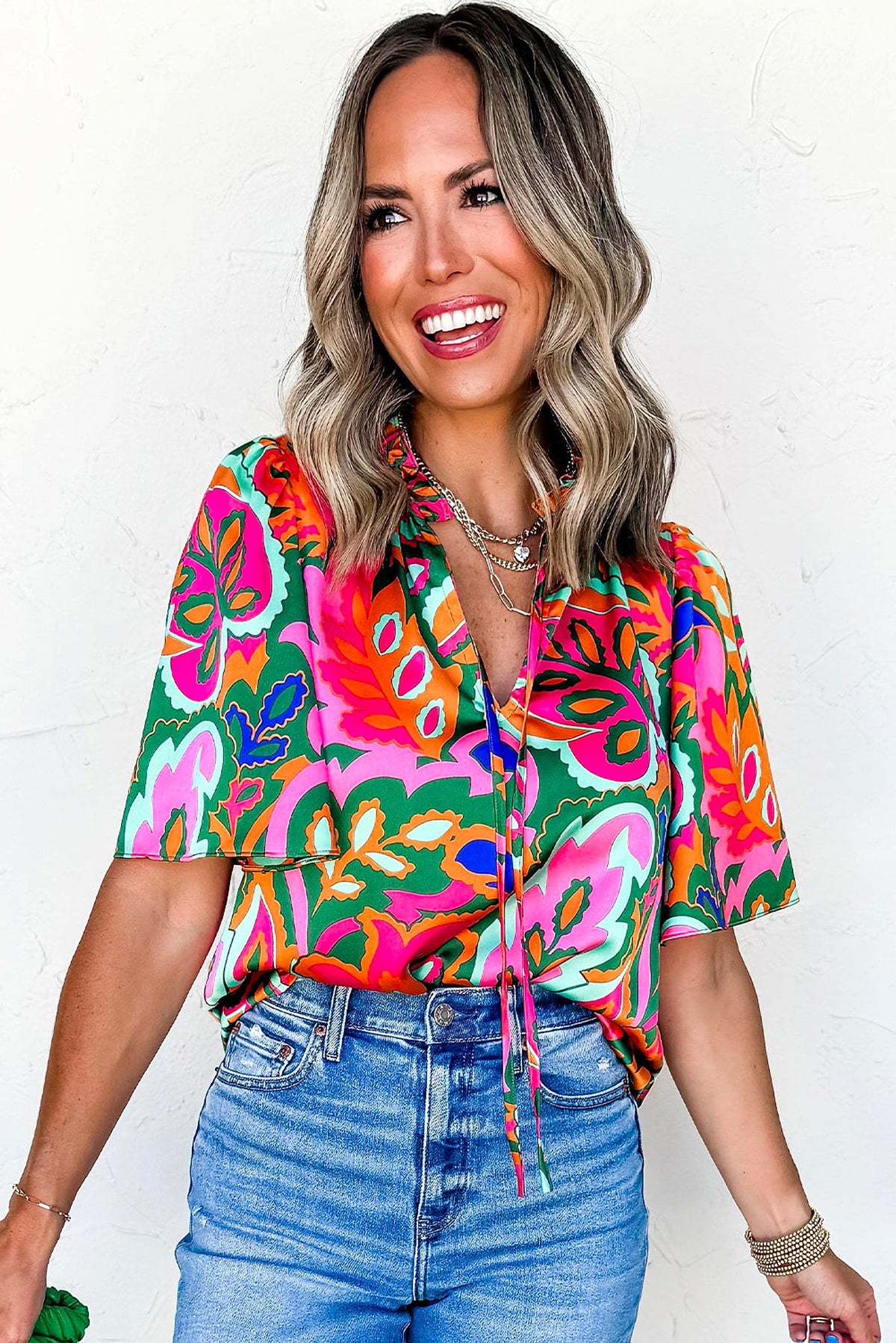 Rose Summer Plant Print Lace up V Neck Short Sleeve Blouse - enhanced image 6