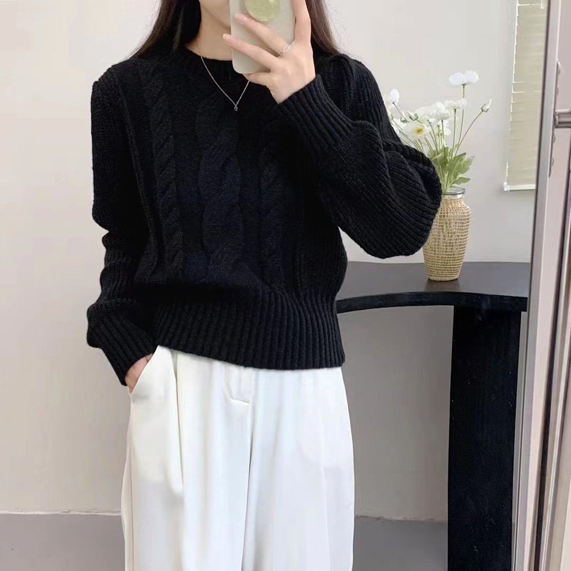 Round Neck Lantern Sleeve Cable-knit Sweater - enhanced image 6
