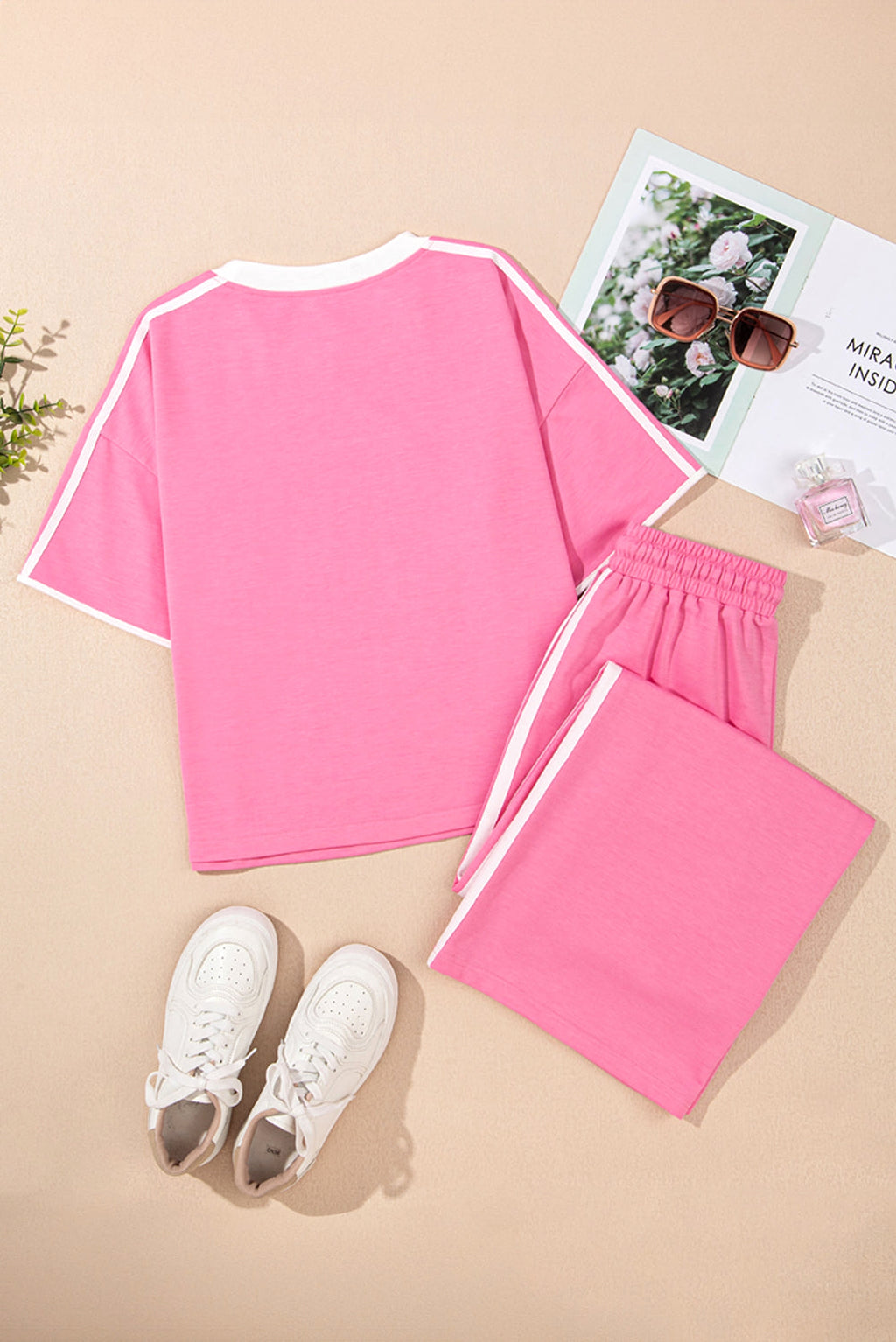 Sachet Pink Varsity Stripe Detail Casual Tee and Pants Leisure 2pcs Set - enhanced image 6