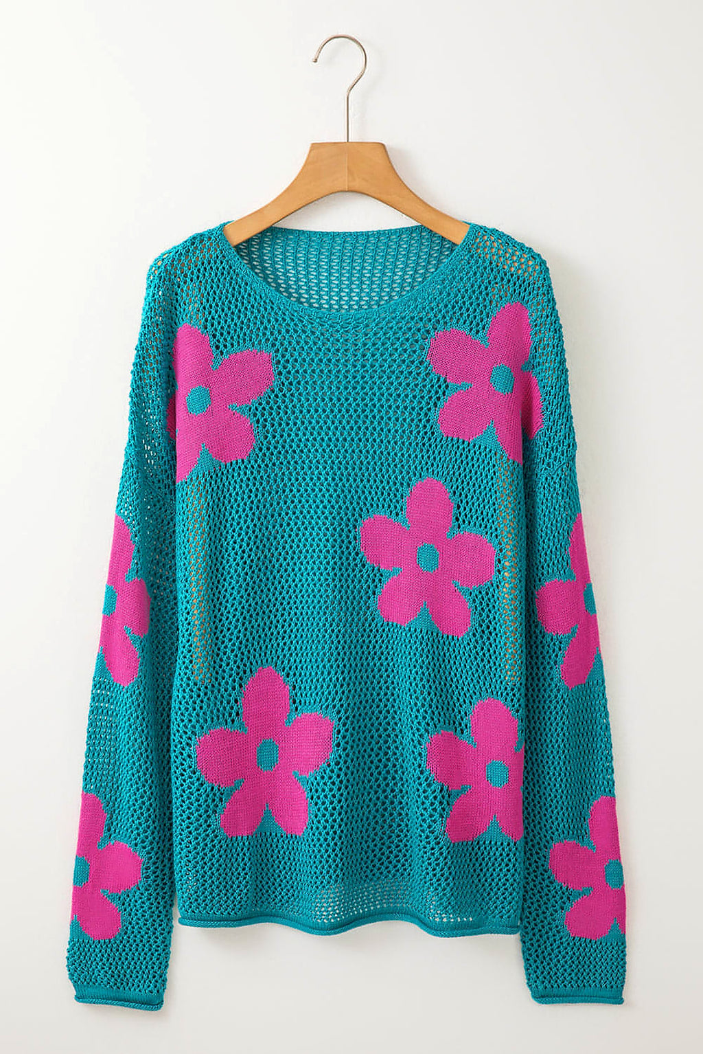 Sea Green Big Flower Hollowed Knit Drop Shoulder Sweater - enhanced image 6