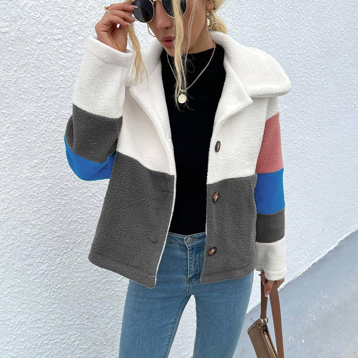 Shiny Color Block Button Down Collared Jacket - enhanced image 6