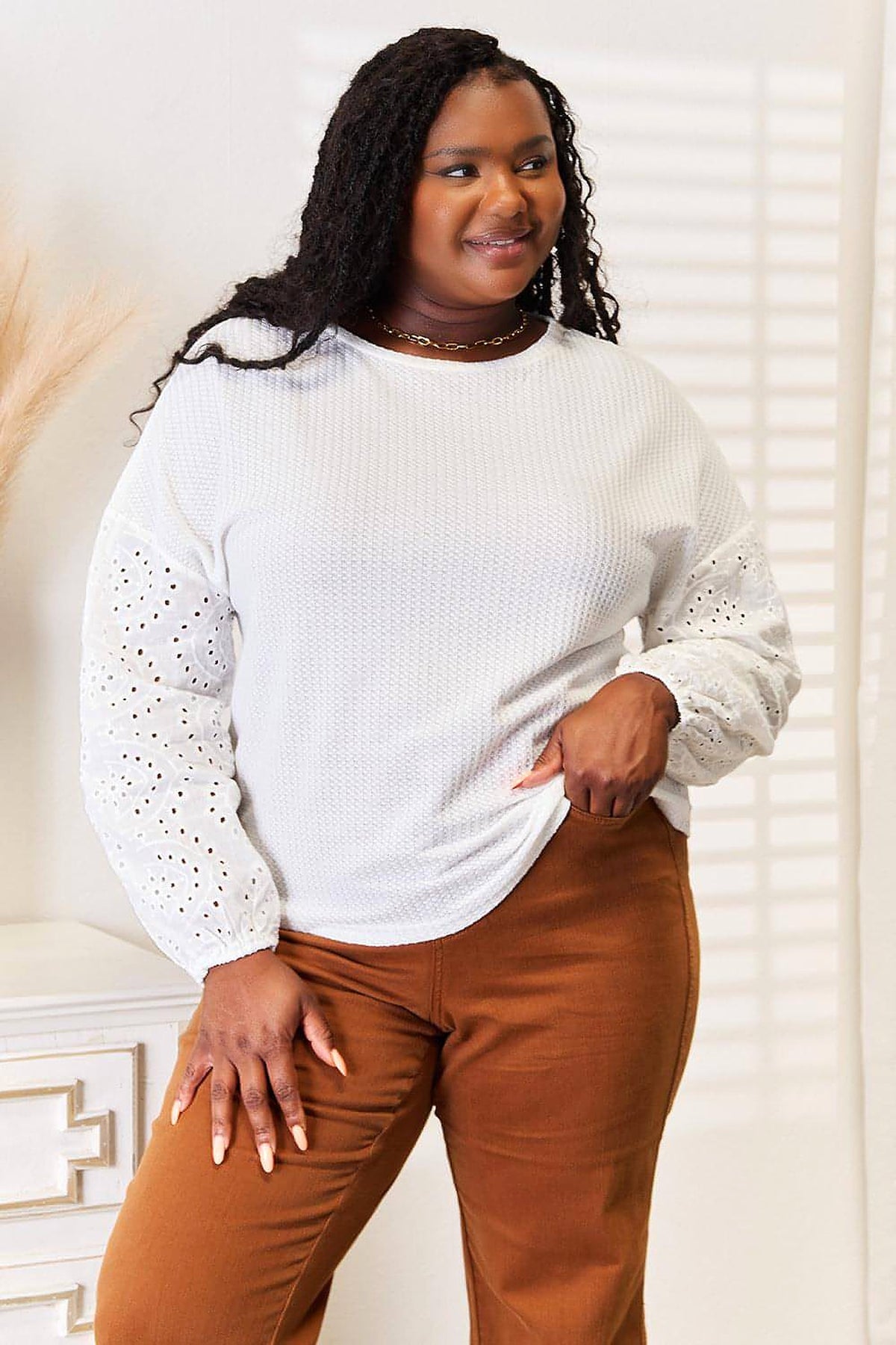Shiny Eyelet Dropped Shoulder Round Neck Blouse - enhanced image 6