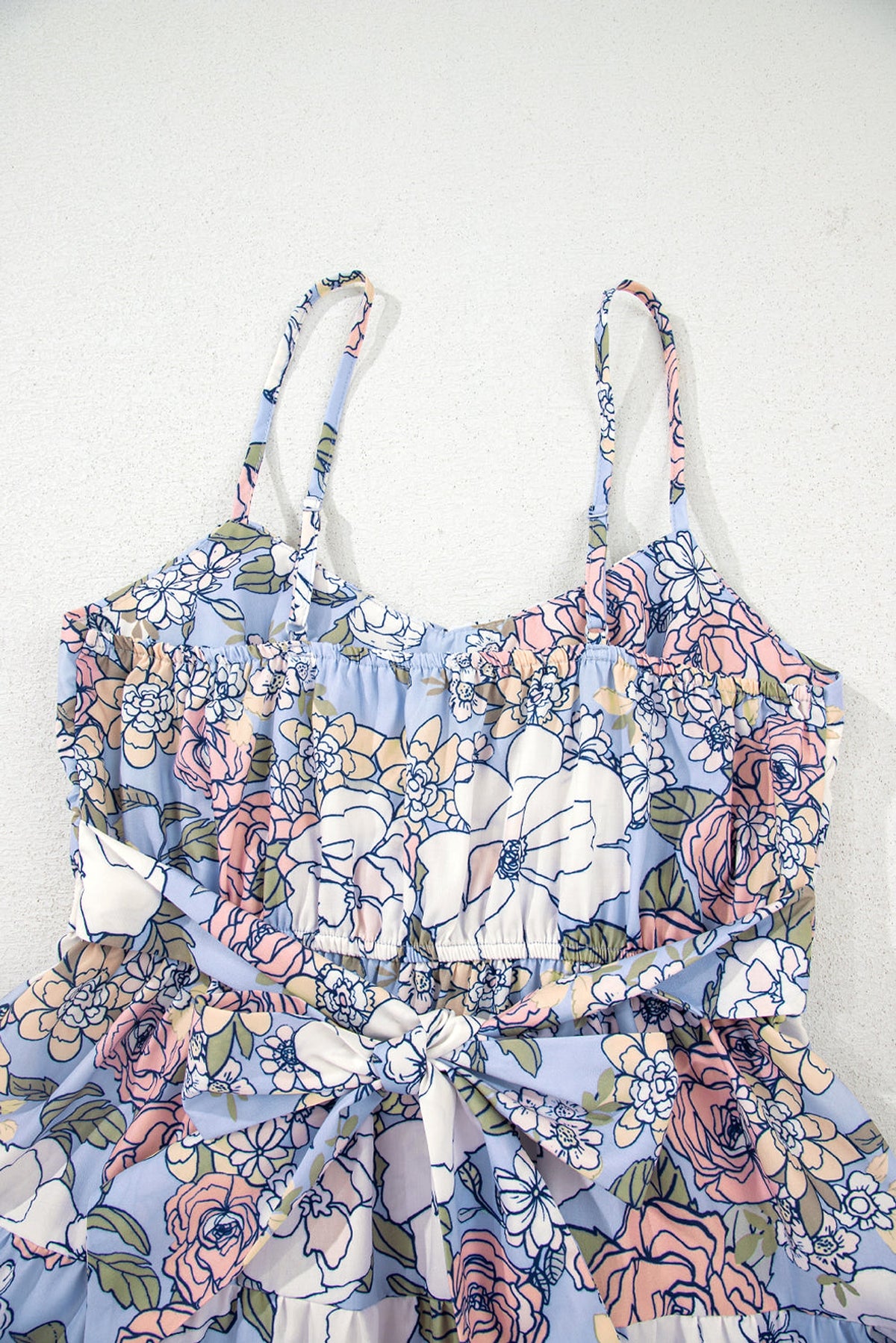 Sky Blue Floral Tiered Patchwork Spaghetti Strap Vacation Dress - enhanced image 6