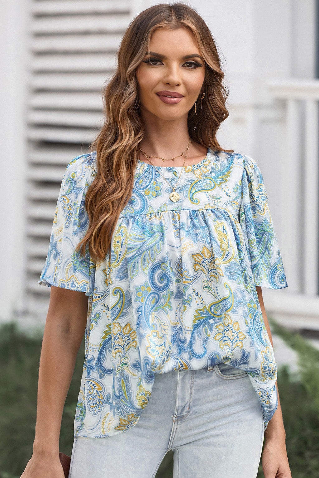 Sky Blue Paisley Print Wide Sleeves Loose Blouse - enhanced image 6