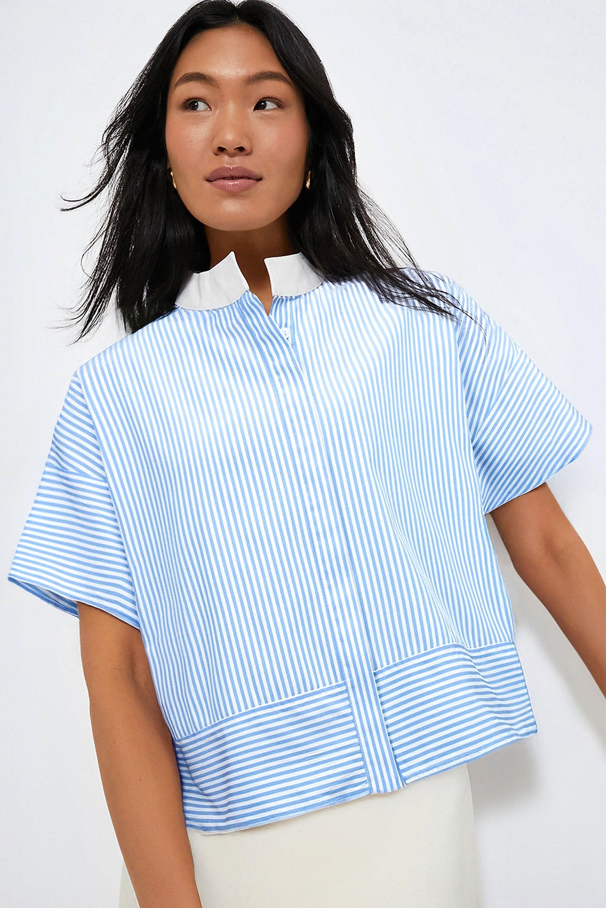 Sky Blue Stripe Contrast Collar Patchwork Hidden Button Short Sleeve Summer Shirt - enhanced image 6
