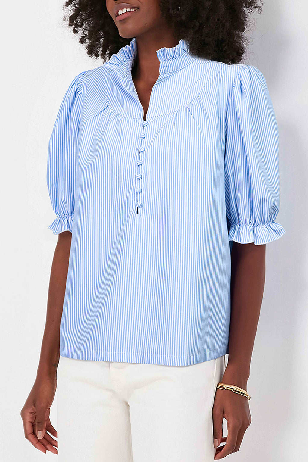 Sky Blue Stripe Ruffled Collar Puff Sleeve Half Buttons Blouse - enhanced image 6