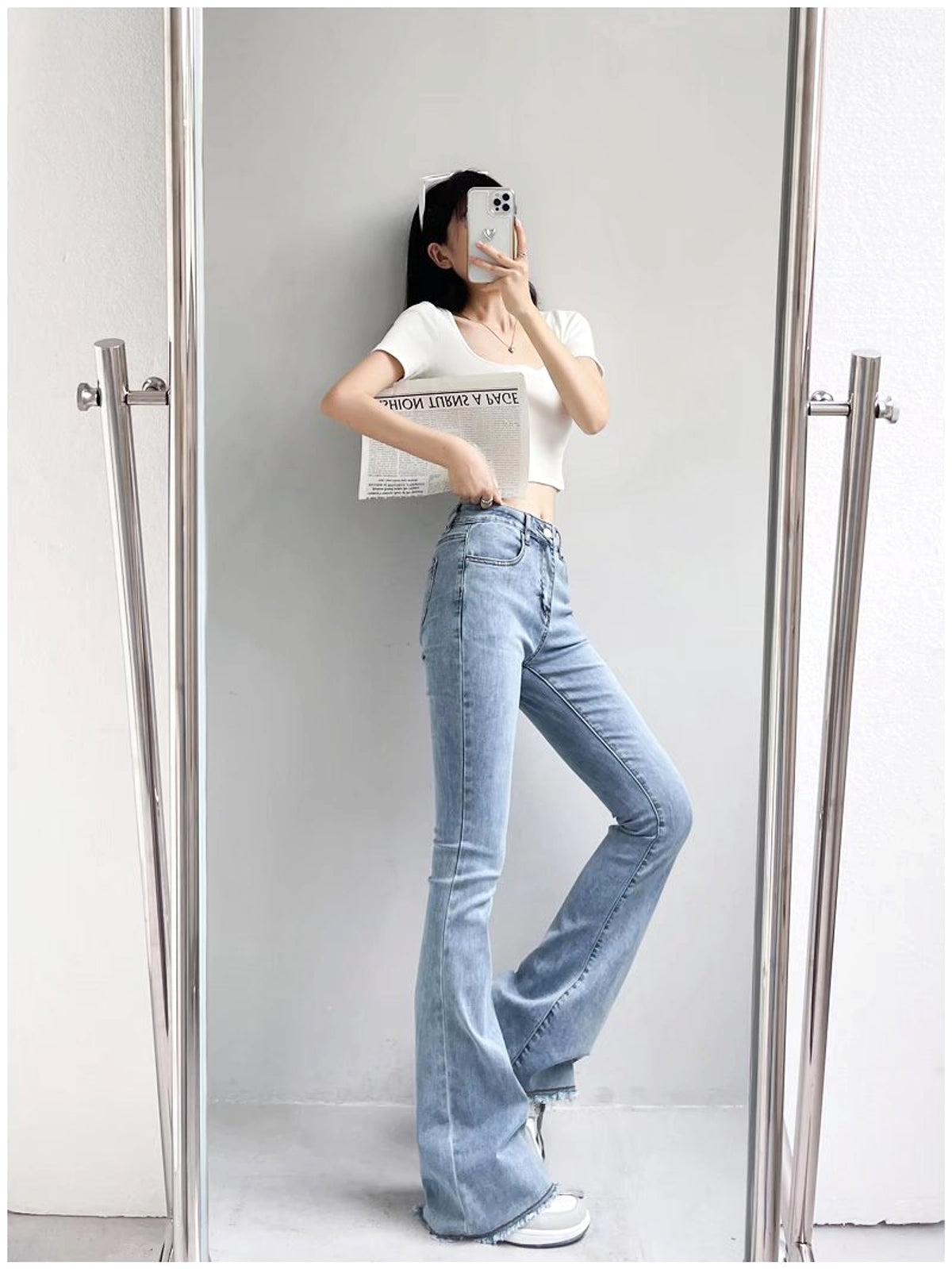 Small High Waist Raw Hem Jeans Retro Women - enhanced image 6