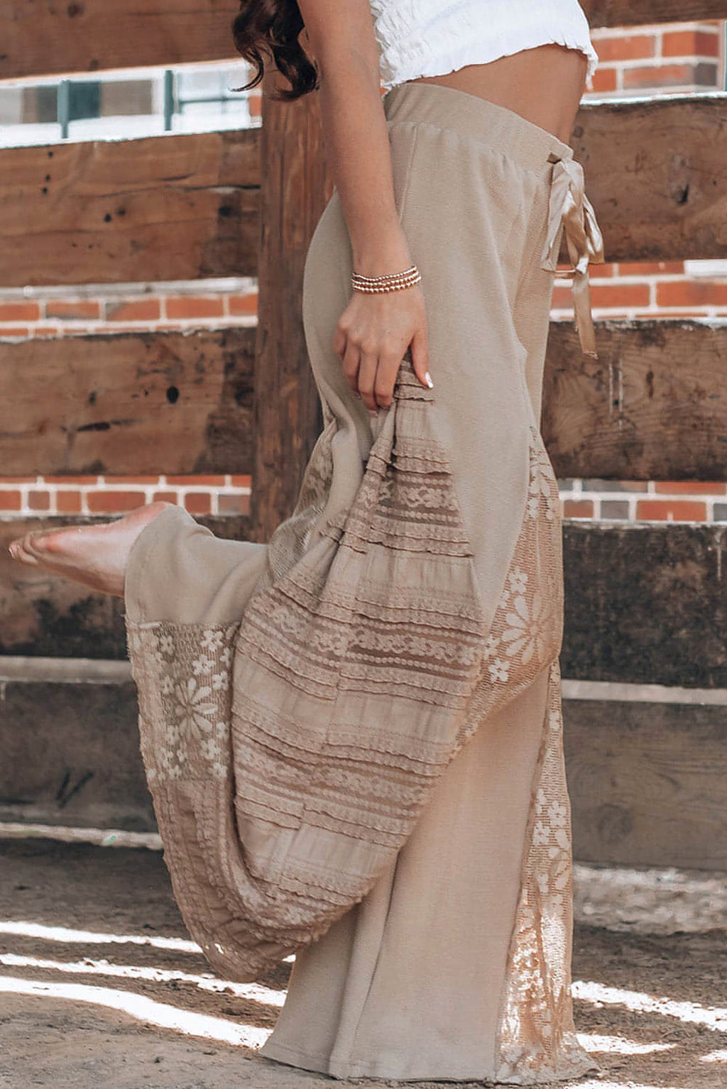 Smoke Gray Boho Lace Patchwork Wide Leg High Waist Pants - enhanced image 6