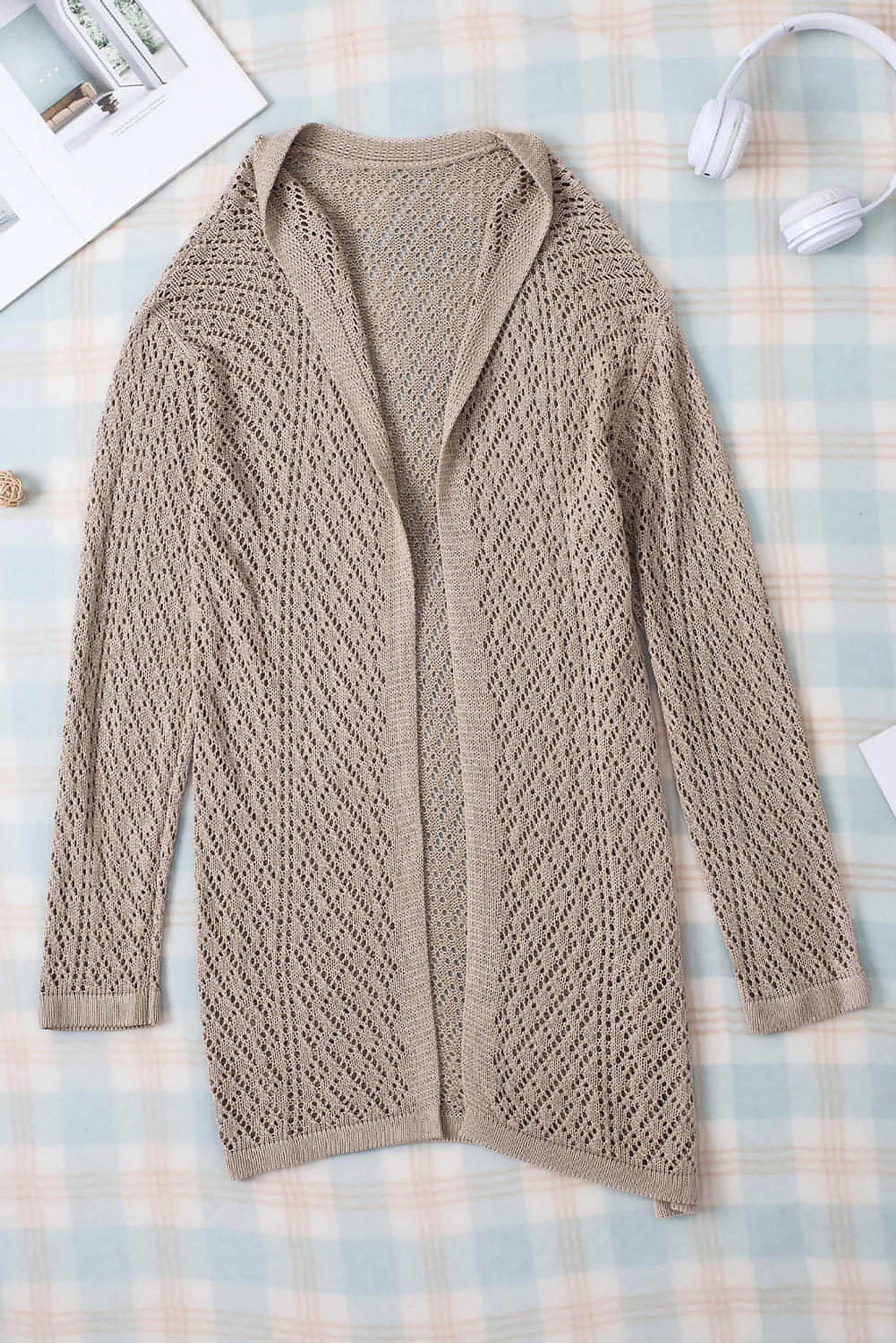 Smoke Gray Solid Color Pointelle Knit Open Front Cardigan - enhanced image 6