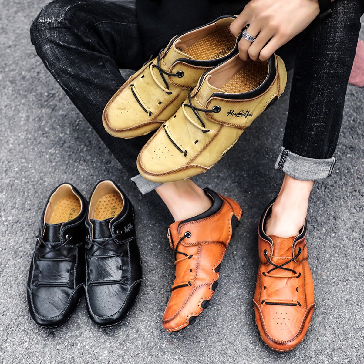 Spring New Men's Large Size Casual Leather Shoes Trend Hand-sewn Bottom - enhanced image 6